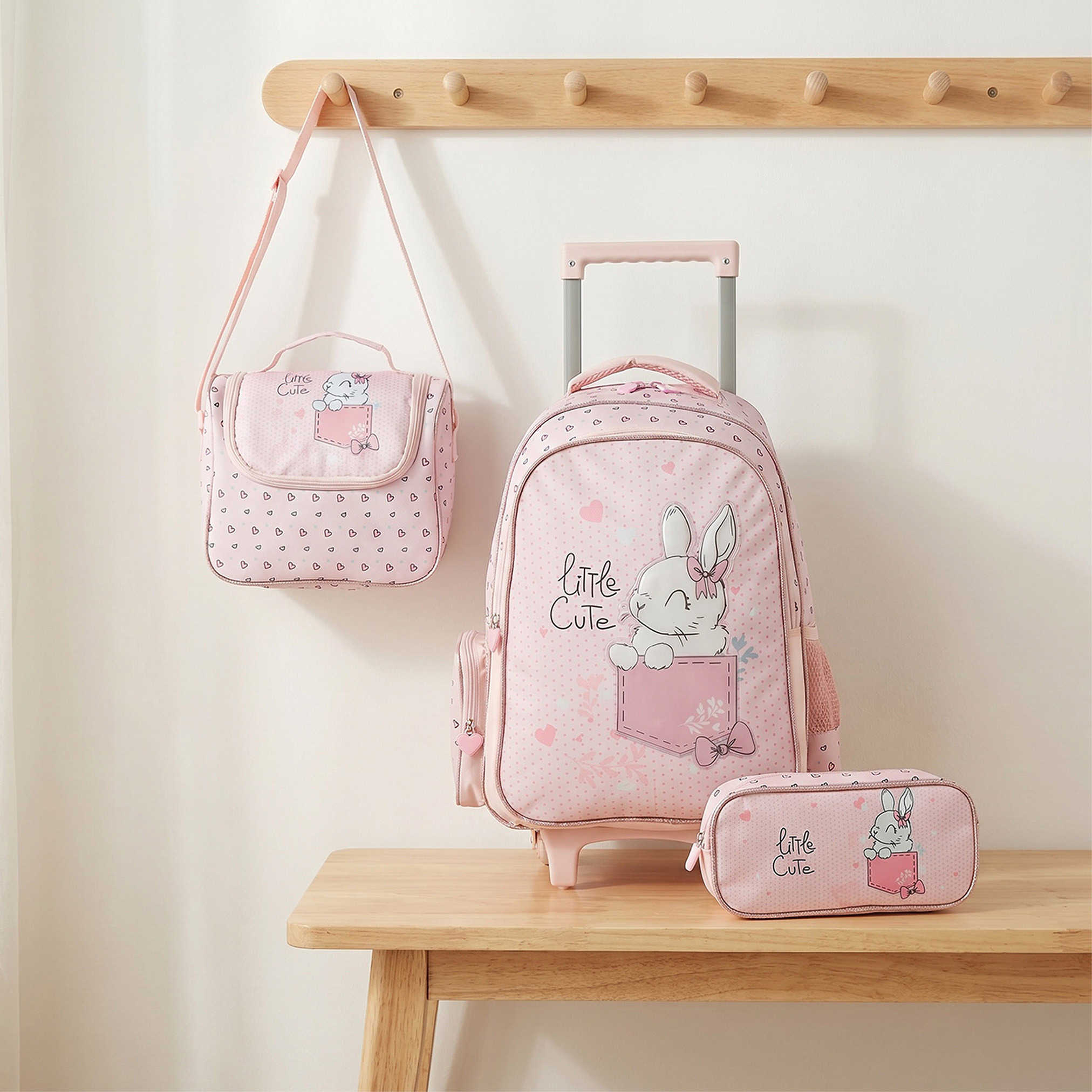 Juniors Rabbit Print 3-Piece School Trolley Bag Set for Girls 5-8 Years with Lunch Bag - 16 inches-school-bagsandbackpacks-trolleybags-image-1