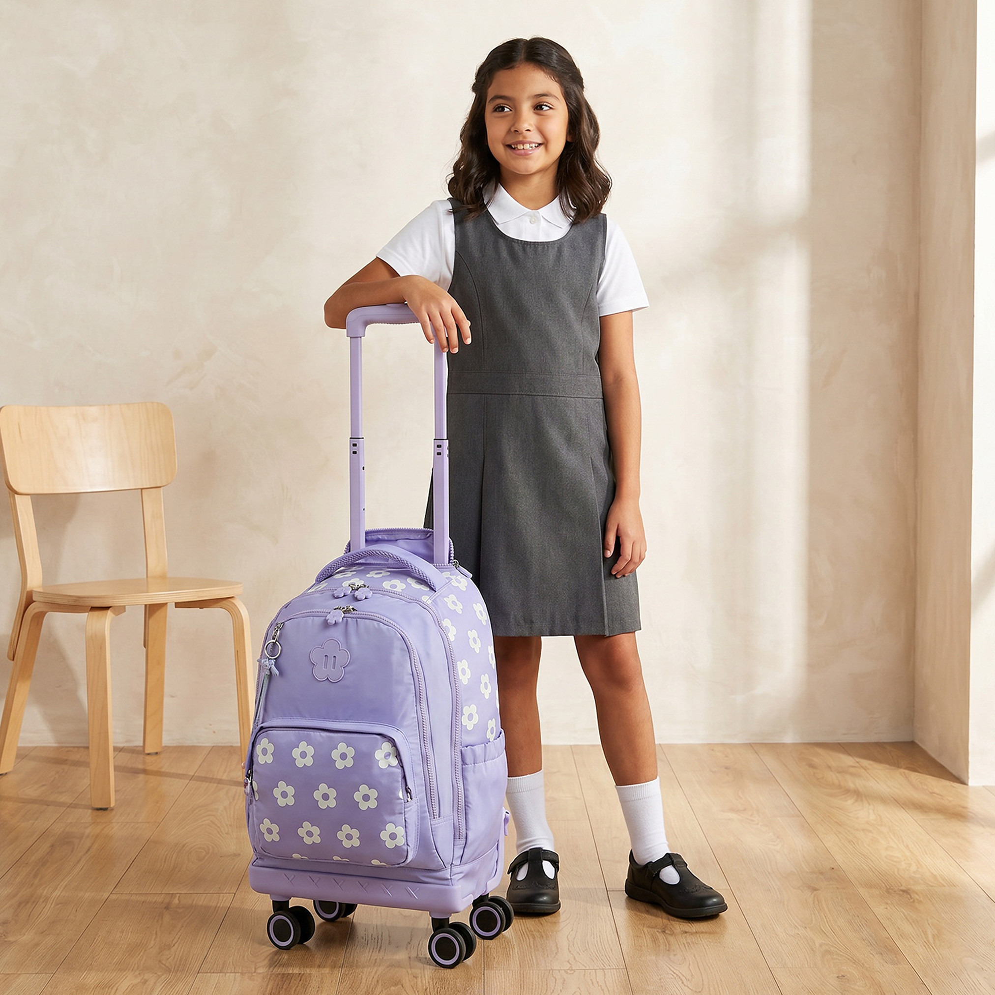 Juniors Floral Print Trolley Bag for Girls 8-12 Years Retractable Handle - 18 inches-school-bagsandbackpacks-trolleybags-image-3
