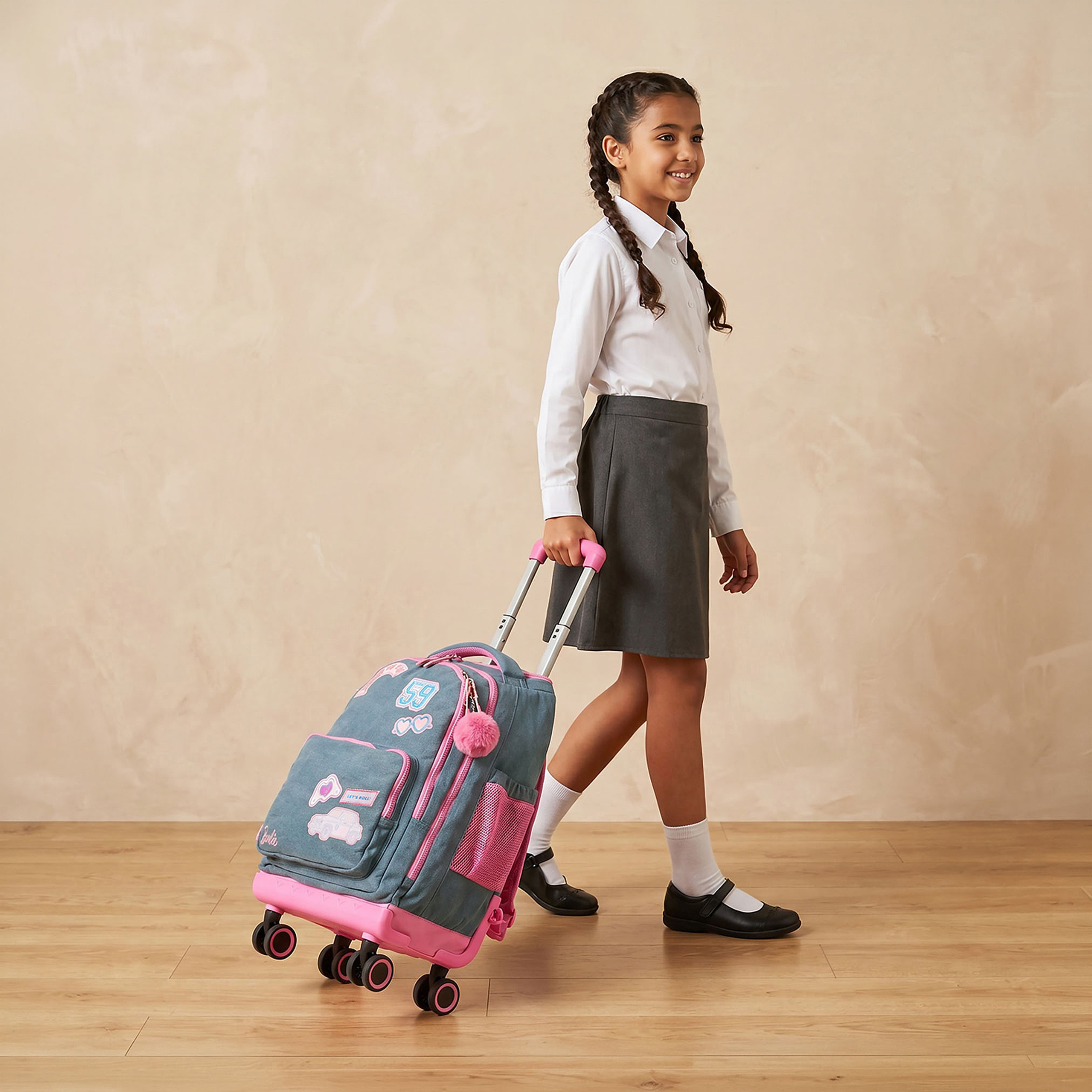 Barbie Print Trolley Bag for Girls 8-12 Years Retractable Handle - 18 inches-school-bagsandbackpacks-trolleybags-image-3