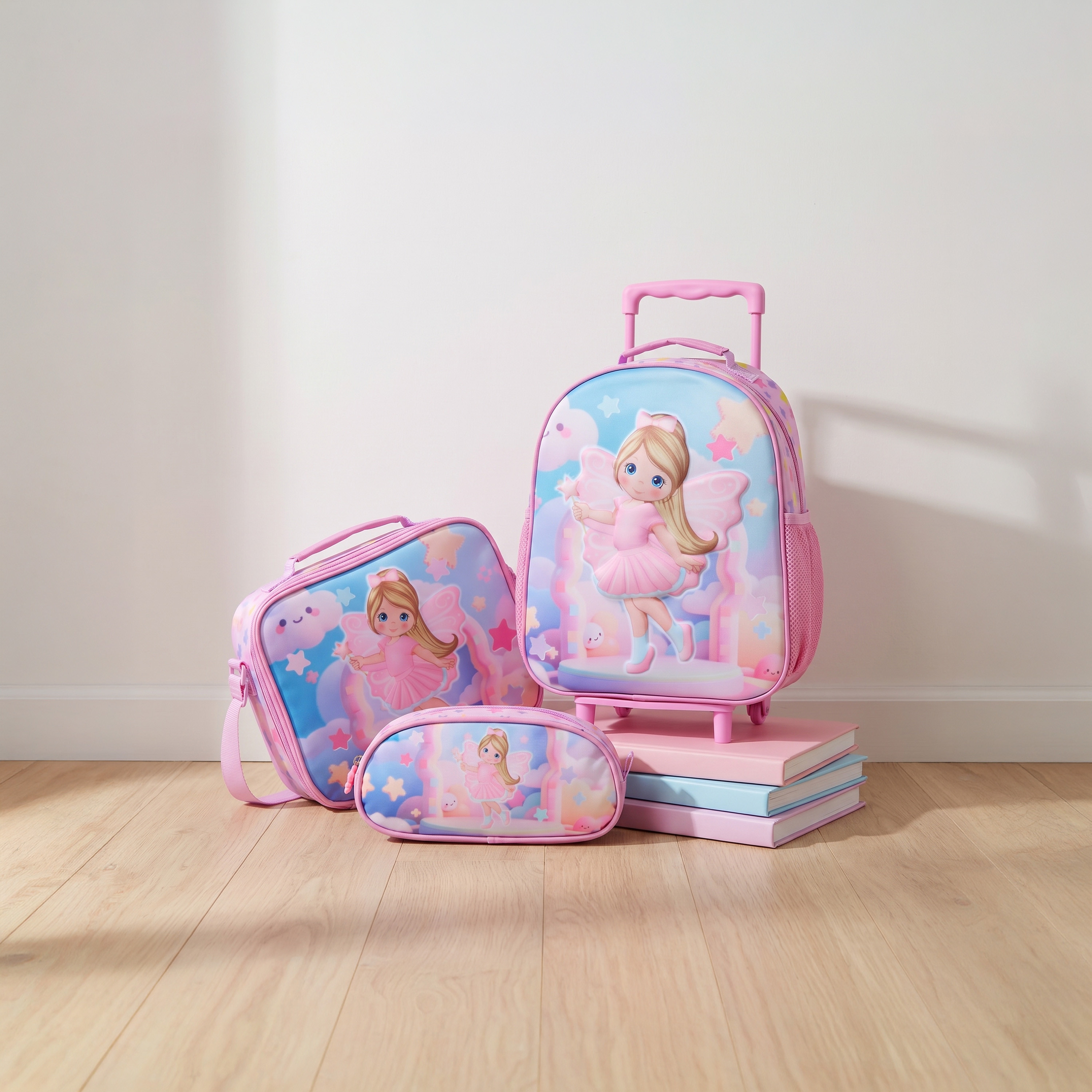 طقم شنطة ترولي بطبعة الجنيات للبنات 3-5 سنوات مع شنطة غداء - 3 قطع-school-bagsandbackpacks-trolleybags-image-1
