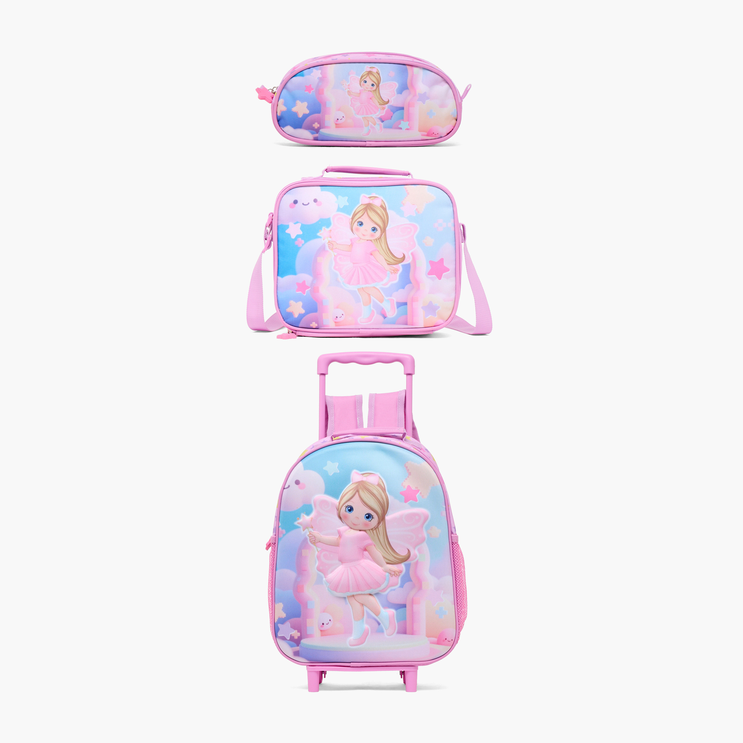 طقم شنطة ترولي بطبعة الجنيات للبنات 3-5 سنوات مع شنطة غداء - 3 قطع-school-bagsandbackpacks-trolleybags-image-2