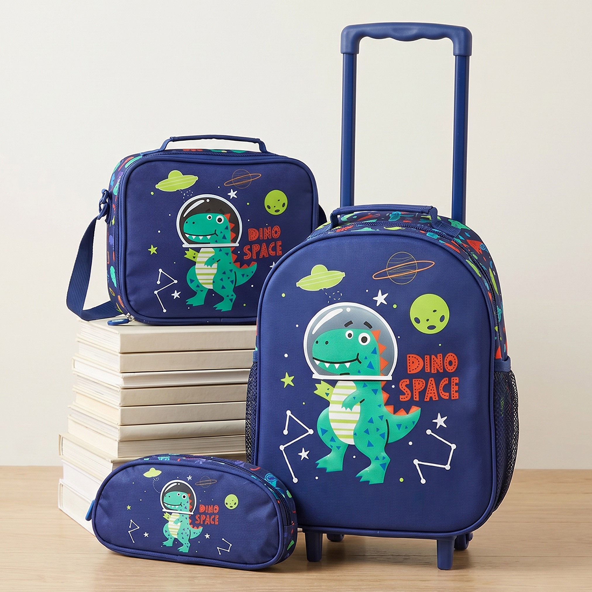 Juniors Dinosaur Print Trolley Bag for Boys 3-5 Years with Lunch Bag and Pencil Pouch - 14 inches-school-bagsandbackpacks-trolleybags-image-1