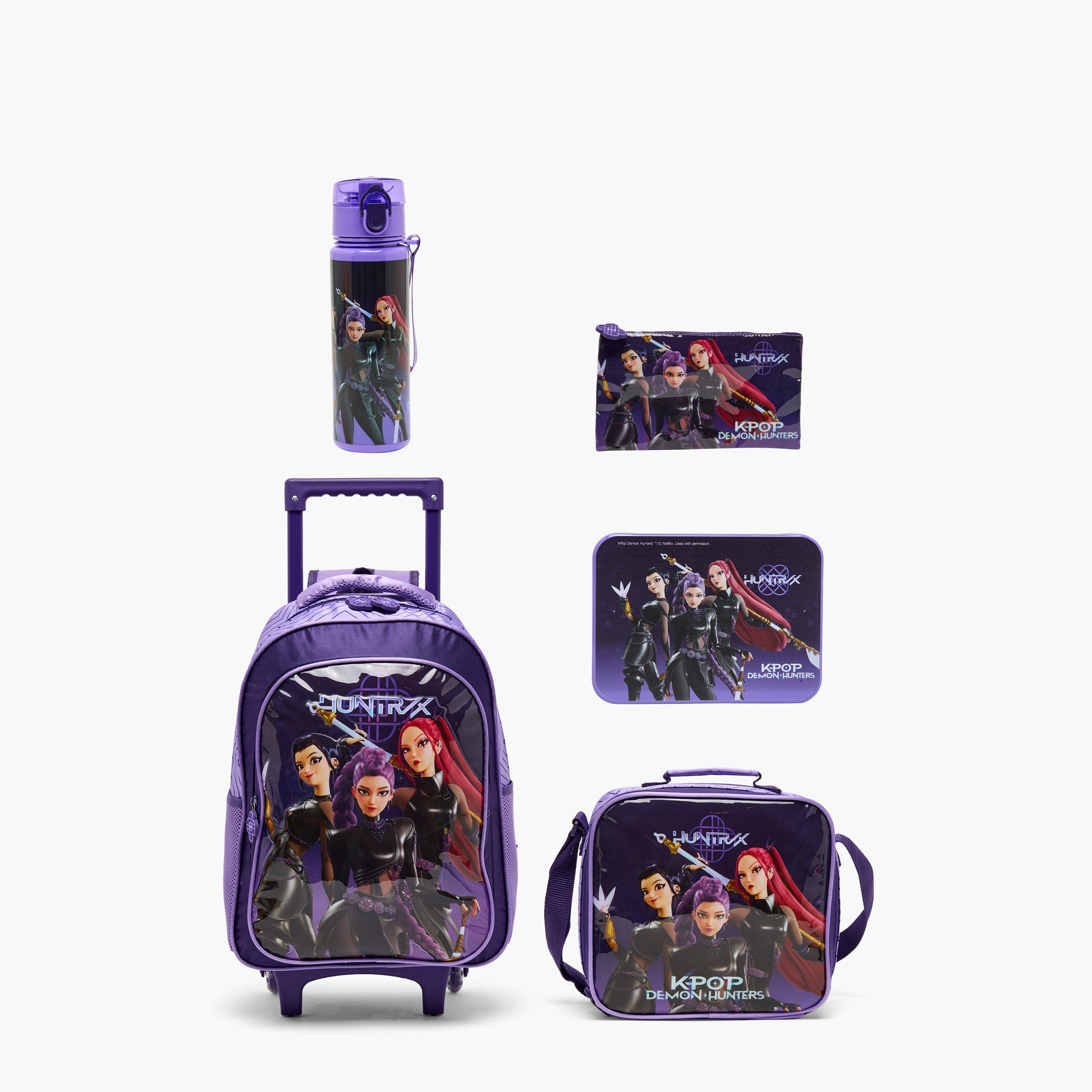Netflix KPop Demon Hunters 5-Piece School Trolley Bag Set for Girls 8-12 Years with Bottle - 18 inch-school-bagsandbackpacks-trolleybags-image-1