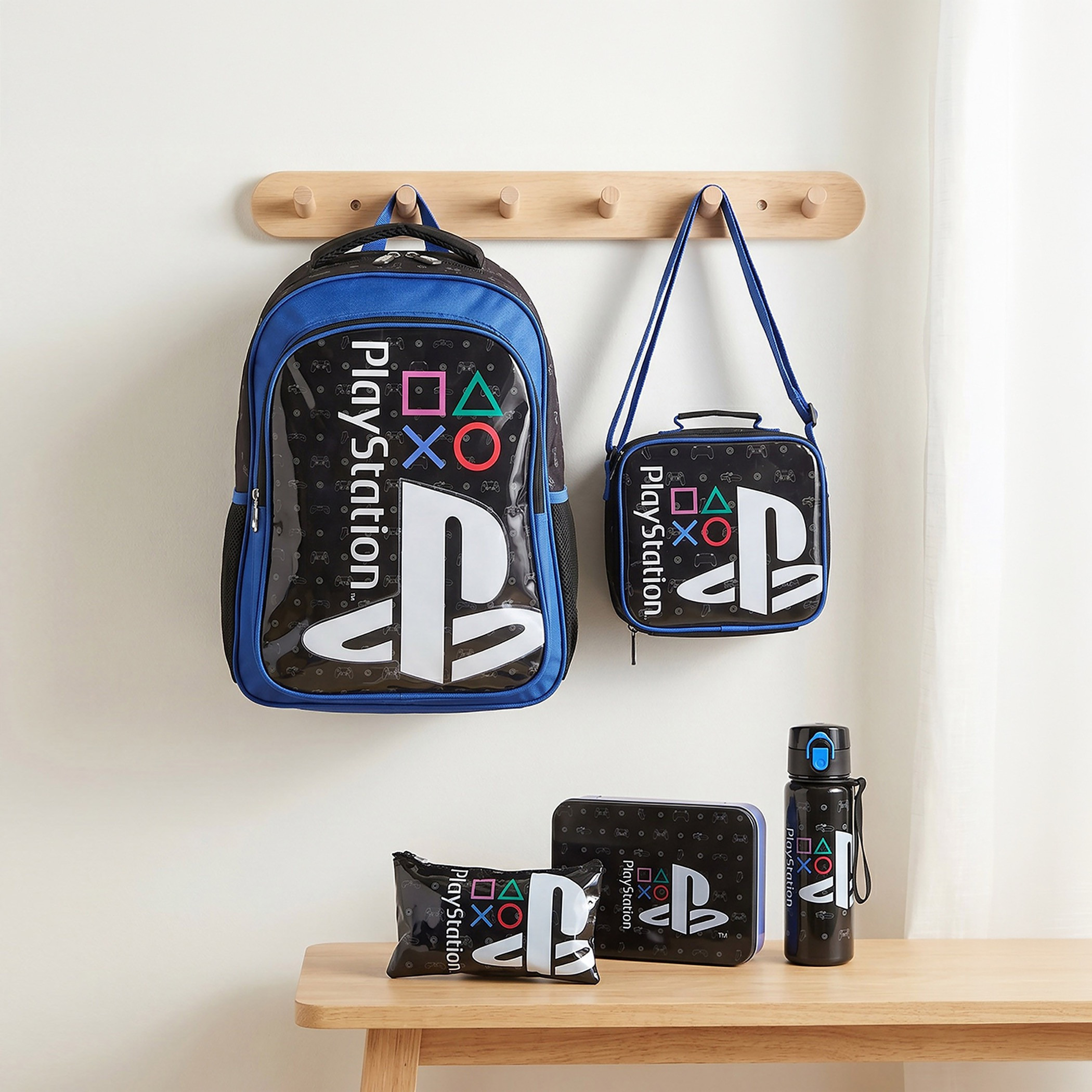 طقم شنطة ظهر مدرسية 5 قطع للأولاد 5-8 سنوات مع قارورة بطبعات بلايستيشن - 16 بوصة-school-bagsandbackpacks-backpacks-image-1