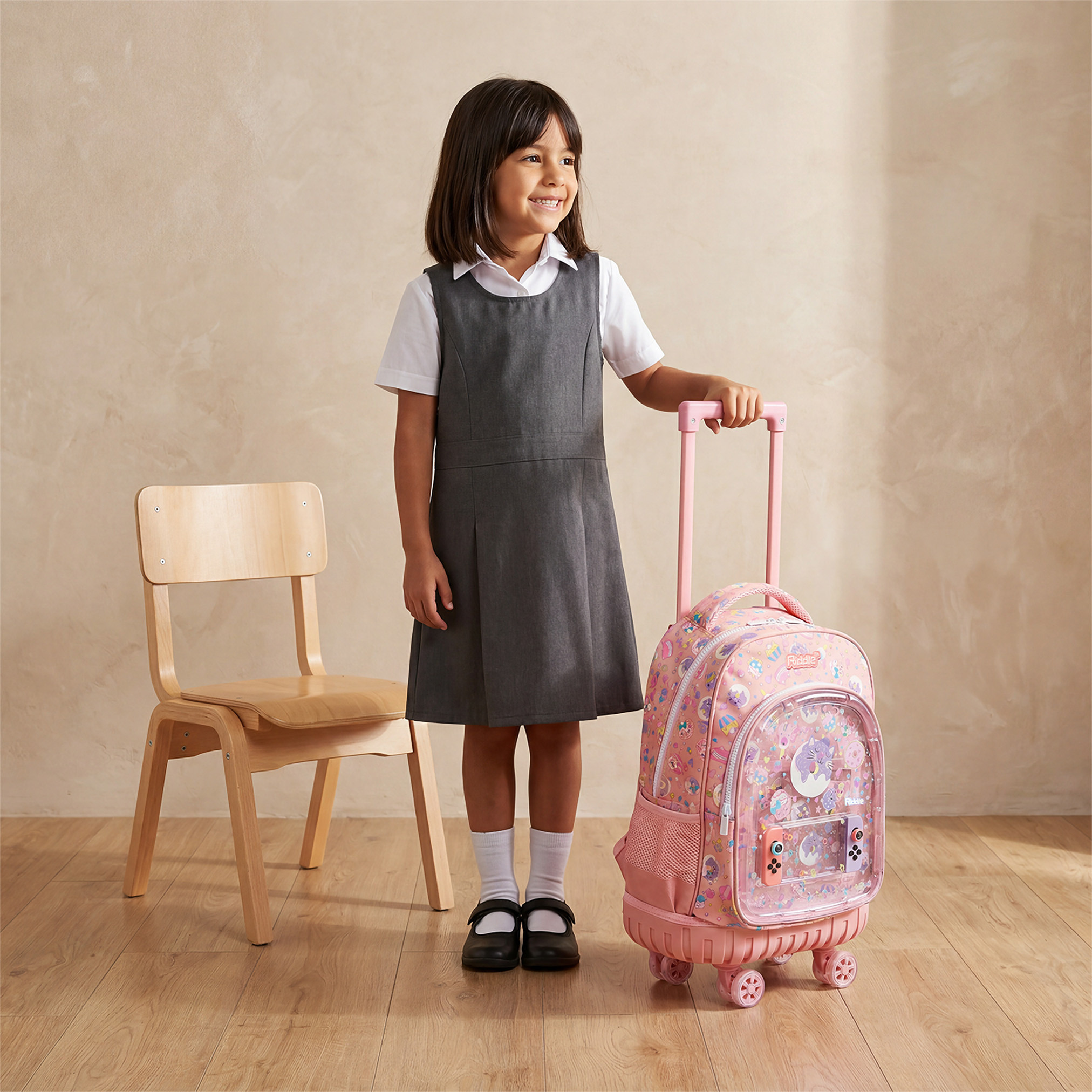 شنطة ترولي للبنات 5-8 سنوات بعجلات متينة وطبعات كوبكيك من ريدل - 16 بوصة-school-bagsandbackpacks-trolleybags-image-3