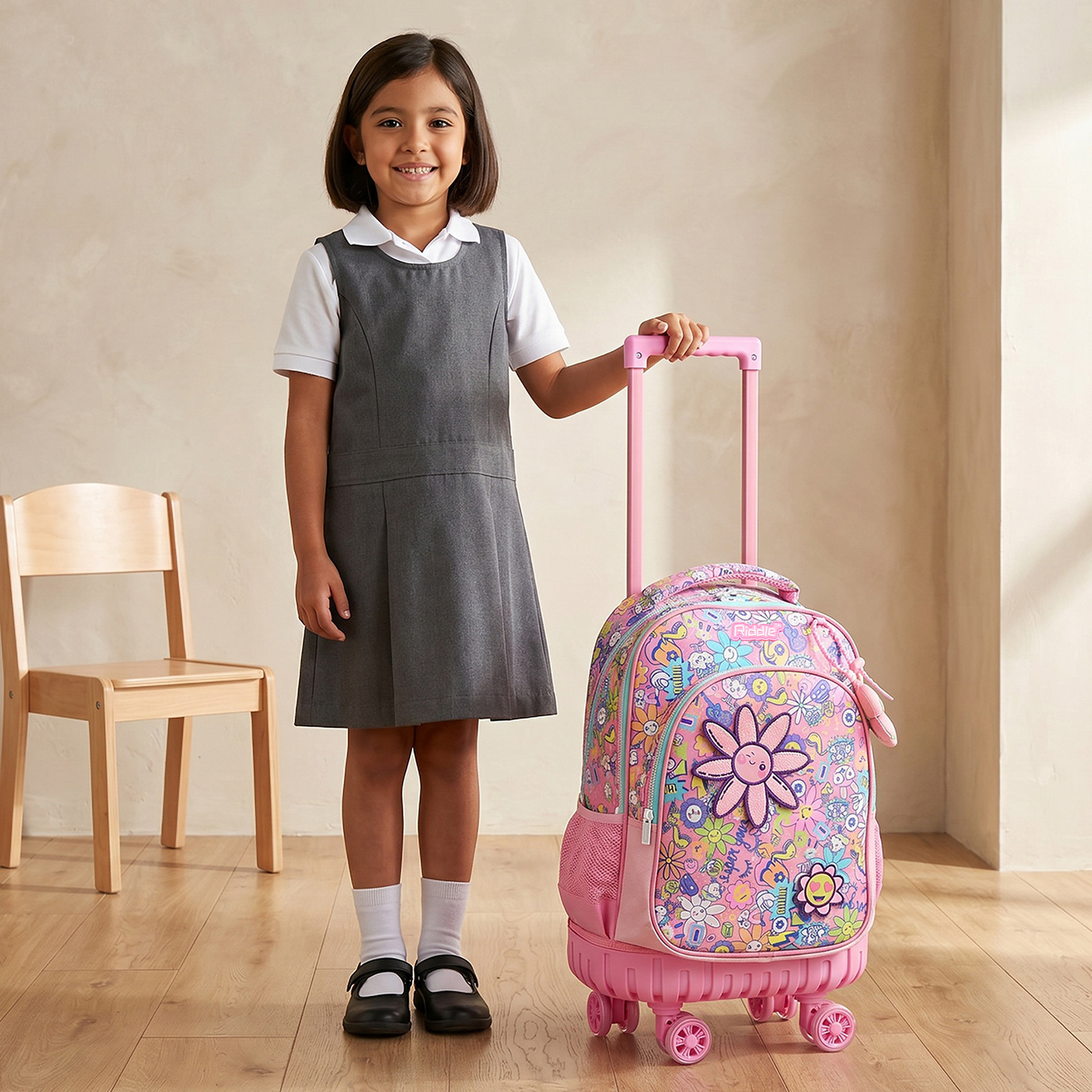 Riddle Floral Print Trolley Bag for Girls 5-8 Years with Durable Wheels - 16 inches-school-bagsandbackpacks-trolleybags-image-3