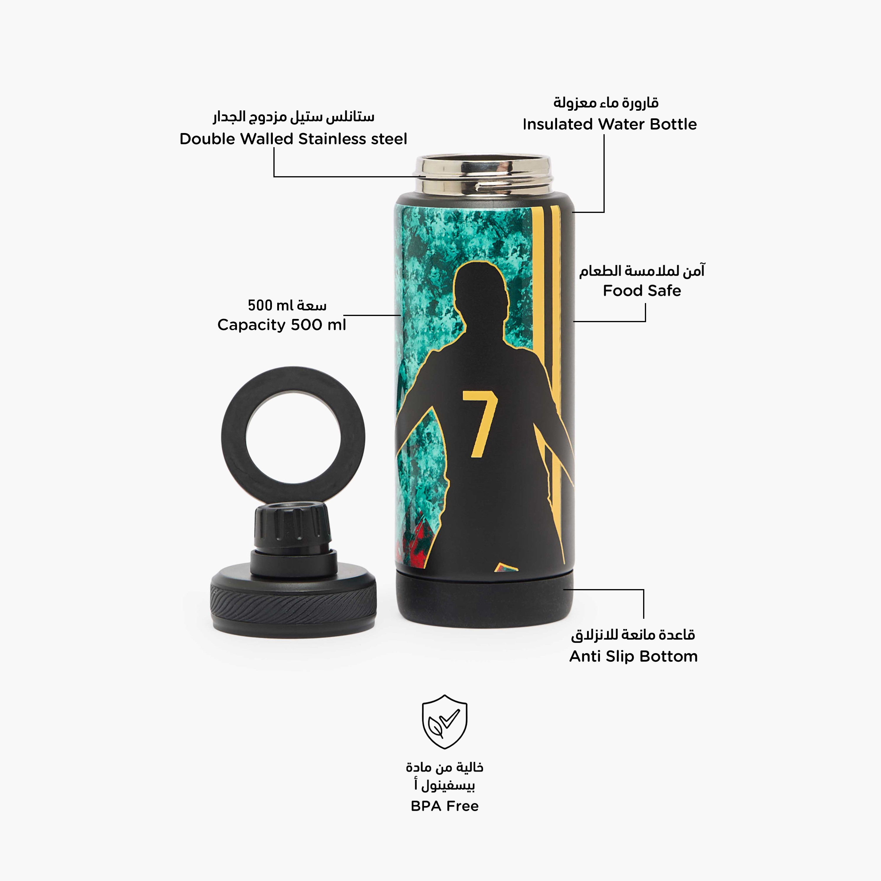 Celebrity Icons Cristiano Ronaldo Print Stainless Steel Water Bottle with Spout and Handle-school-waterbottles-image-2