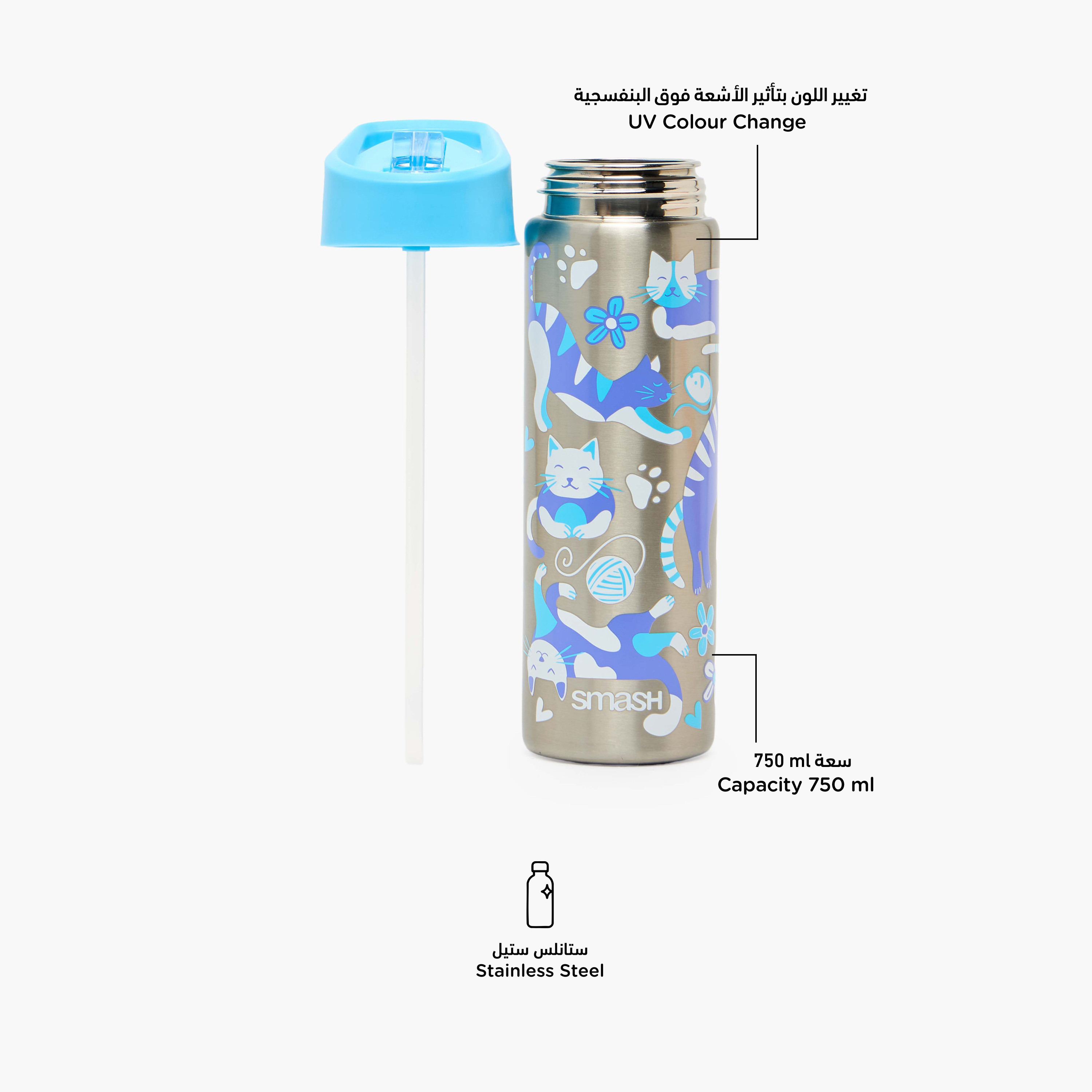 قارورة مياه ستانلس ستيل بطبعات تخييم بغطاء قلّاب وفوهة للشرب ومقبض - 750 مل-school-waterbottles-image-2