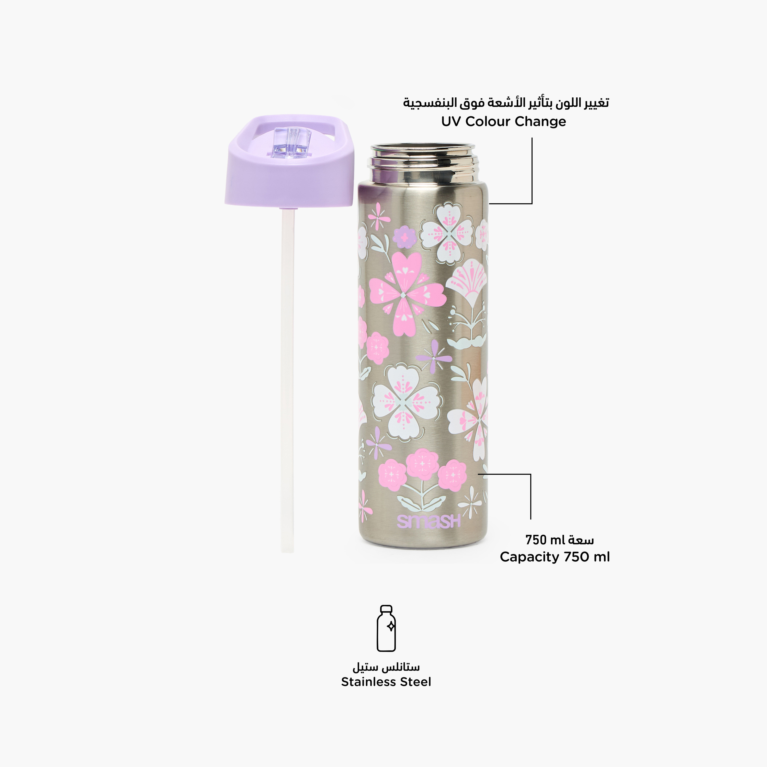 قارورة مياه ستانلس ستيل بطبعات تخييم بغطاء قلّاب وفوهة للشرب ومقبض - 750 مل-school-waterbottles-image-2