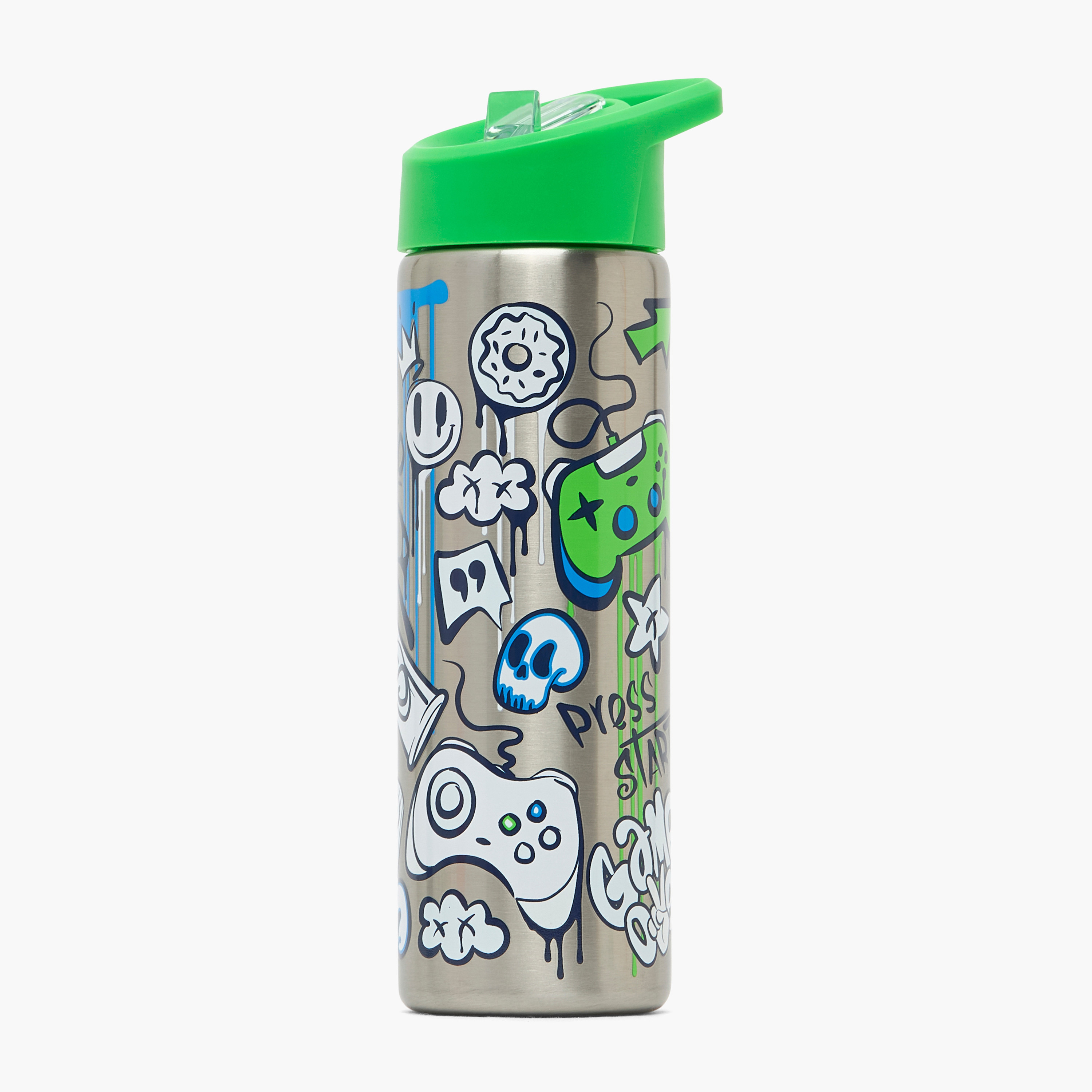 قارورة مياه ستانلس ستيل بطبعات تخييم بغطاء قلّاب وفوهة للشرب ومقبض - 750 مل-school-waterbottles-image-1