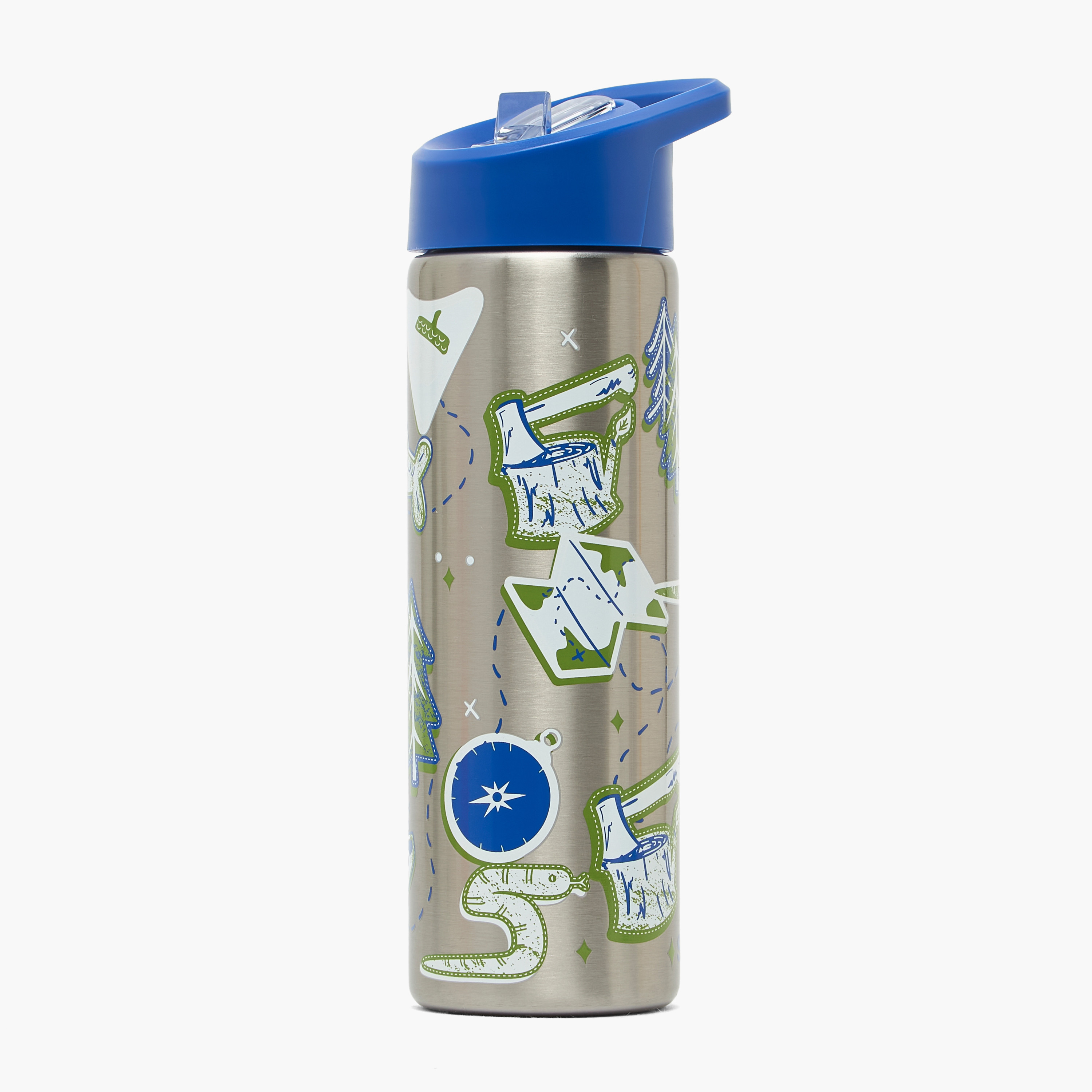 قارورة مياه ستانلس ستيل بطبعات تخييم بغطاء قلّاب وفوهة للشرب ومقبض - 750 مل-school-waterbottles-image-1
