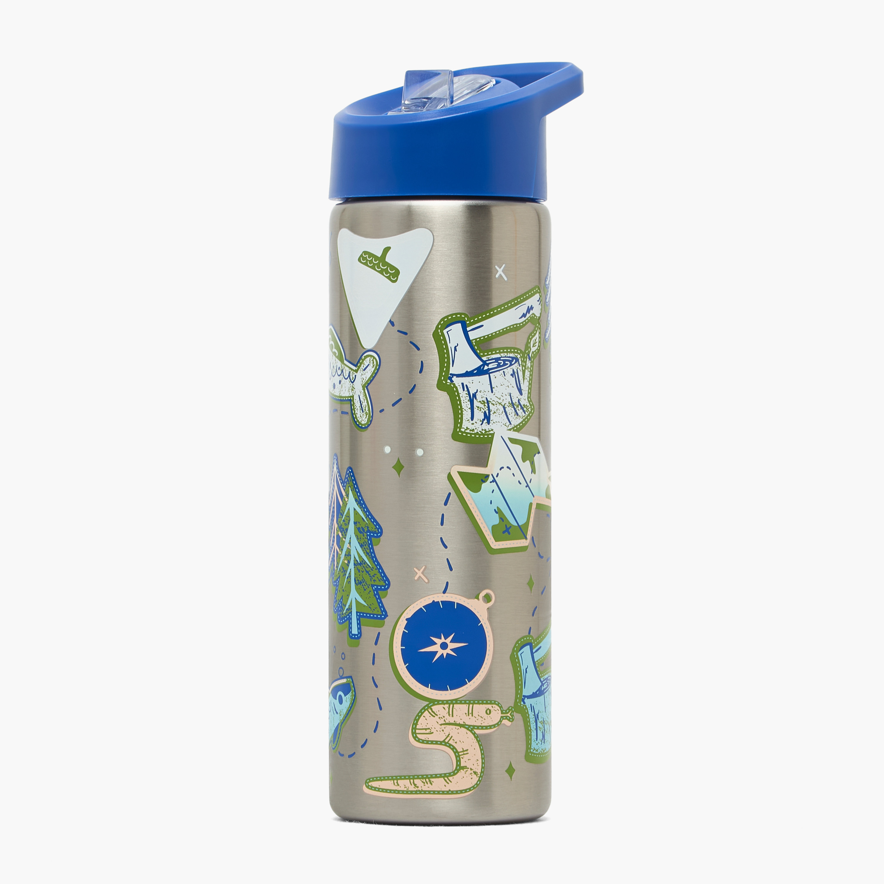 قارورة مياه ستانلس ستيل بطبعات تخييم بغطاء قلّاب وفوهة للشرب ومقبض - 750 مل-school-waterbottles-image-4