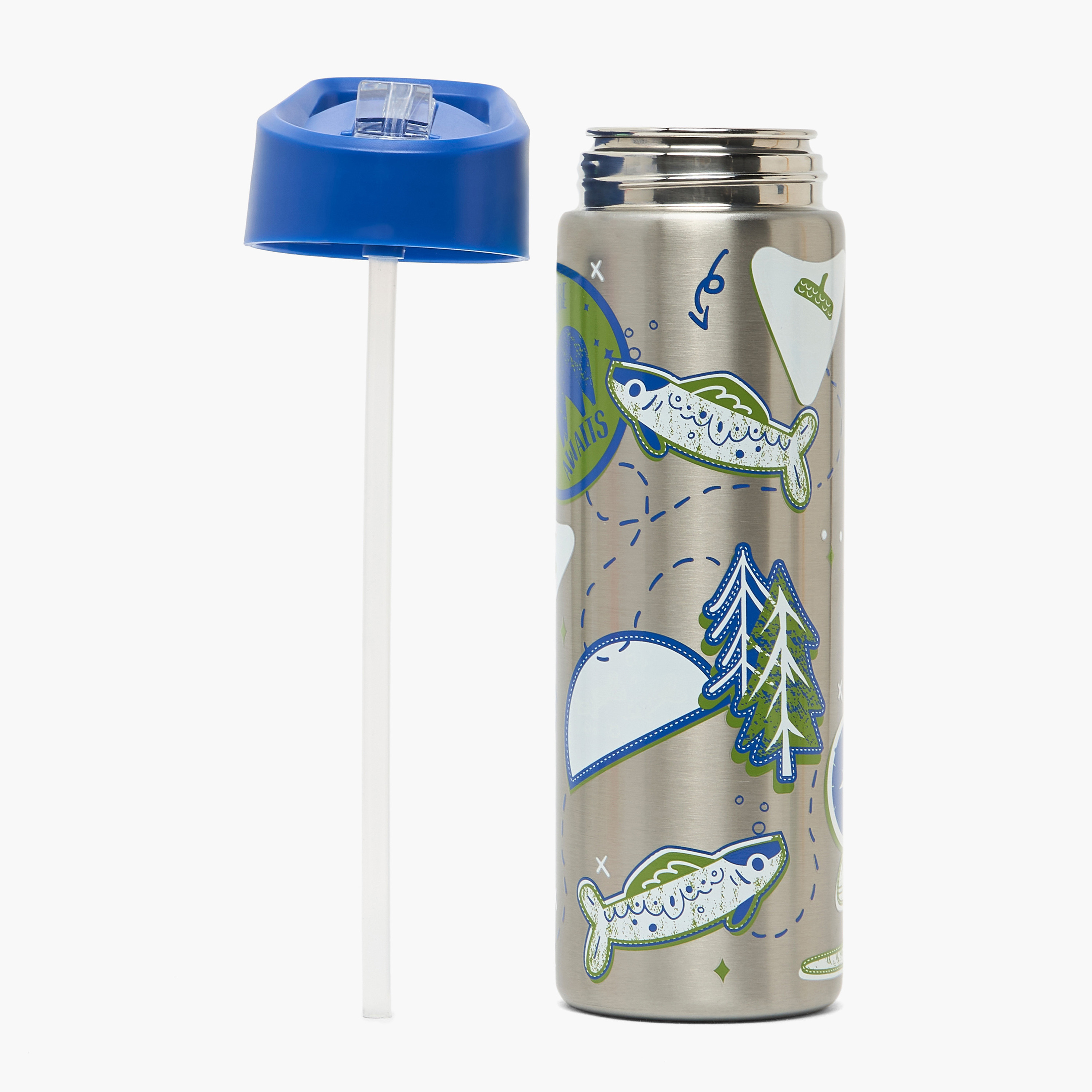 قارورة مياه ستانلس ستيل بطبعات تخييم بغطاء قلّاب وفوهة للشرب ومقبض - 750 مل-school-waterbottles-image-2