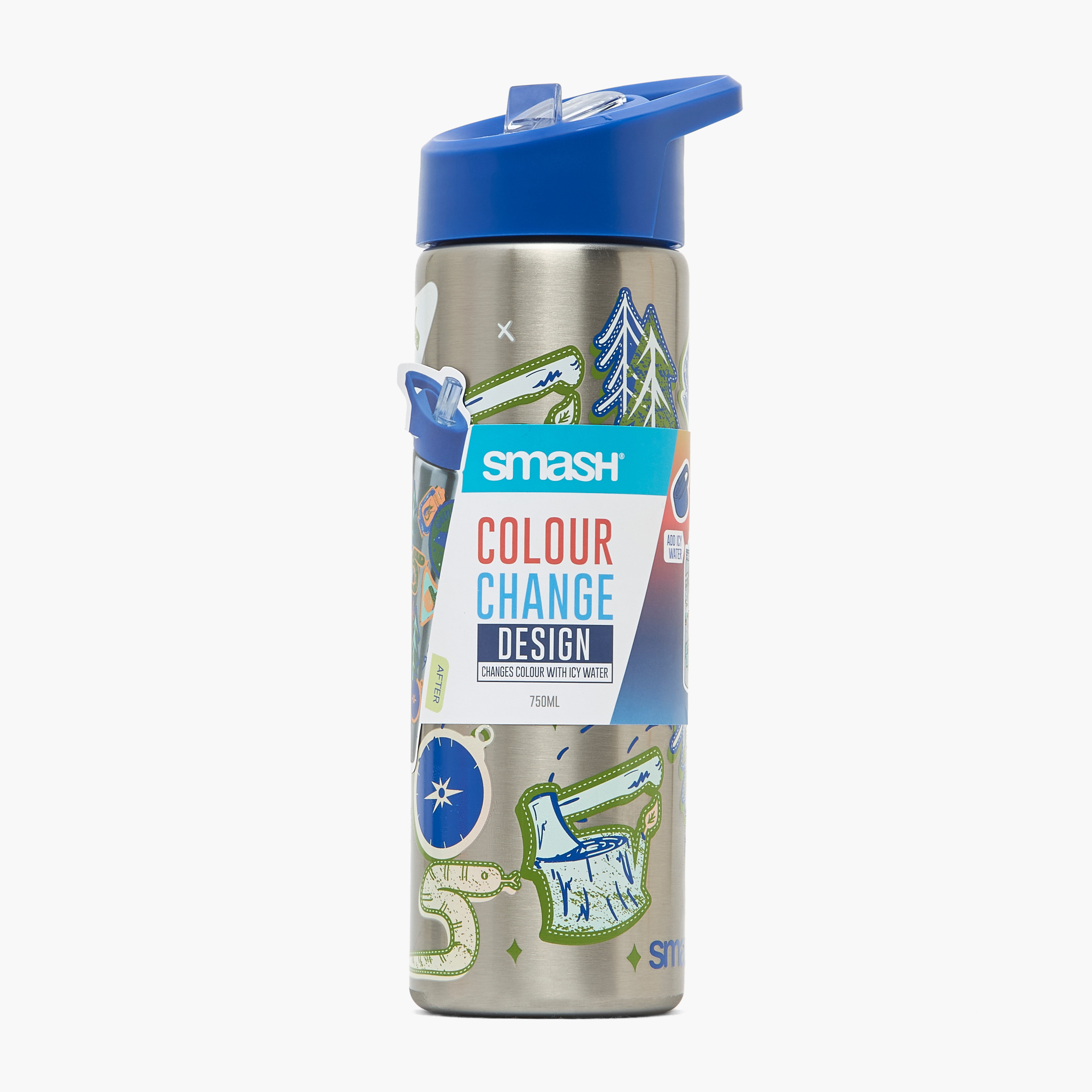 قارورة مياه ستانلس ستيل بطبعات تخييم بغطاء قلّاب وفوهة للشرب ومقبض - 750 مل-school-waterbottles-image-9
