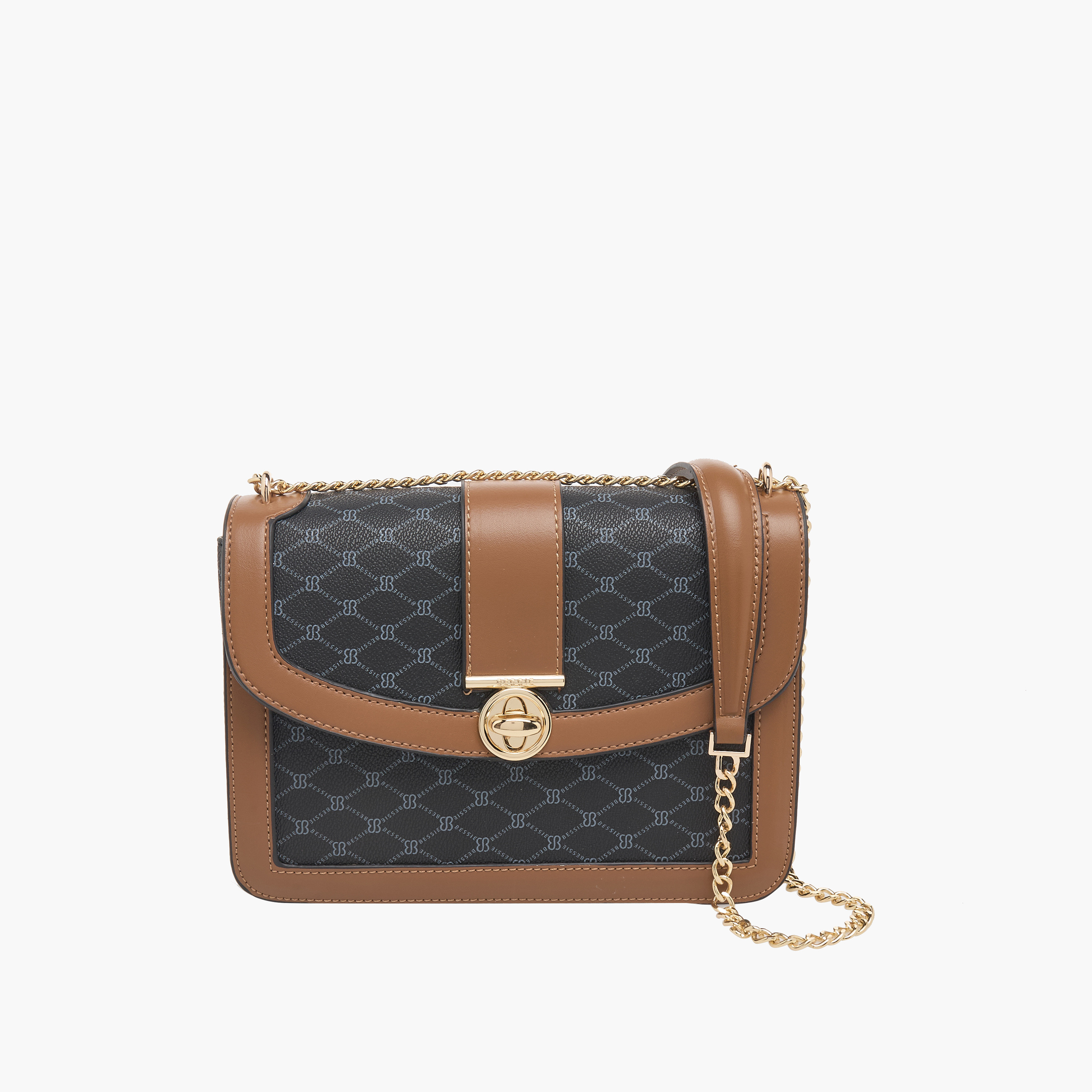 Bessie London Monogram Print Crossbody Bag with Chain Strap-women-bagsandwallets-handbags-image-1