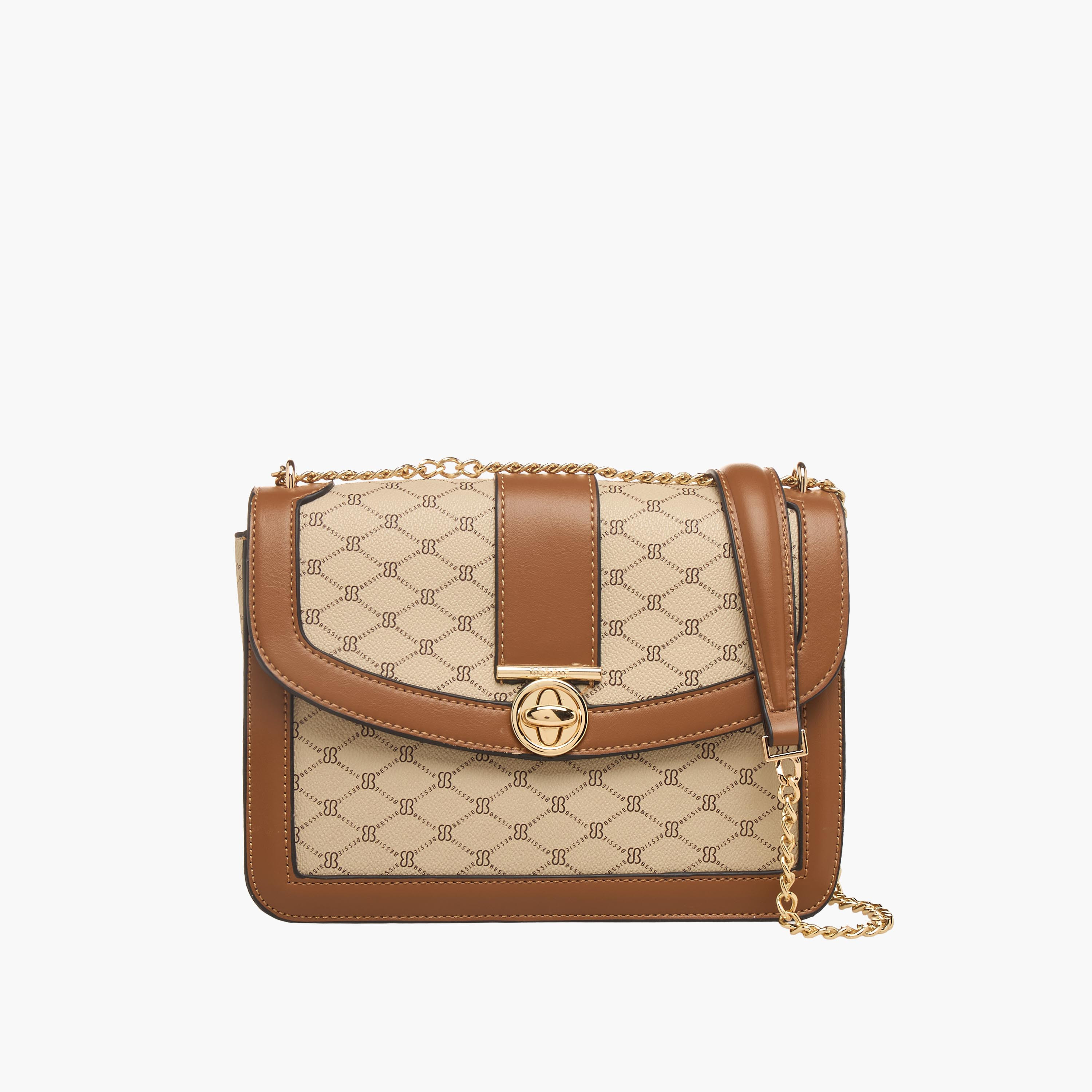 Bessie London Monogram Print Crossbody Bag with Chain Strap-women-bagsandwallets-handbags-image-1