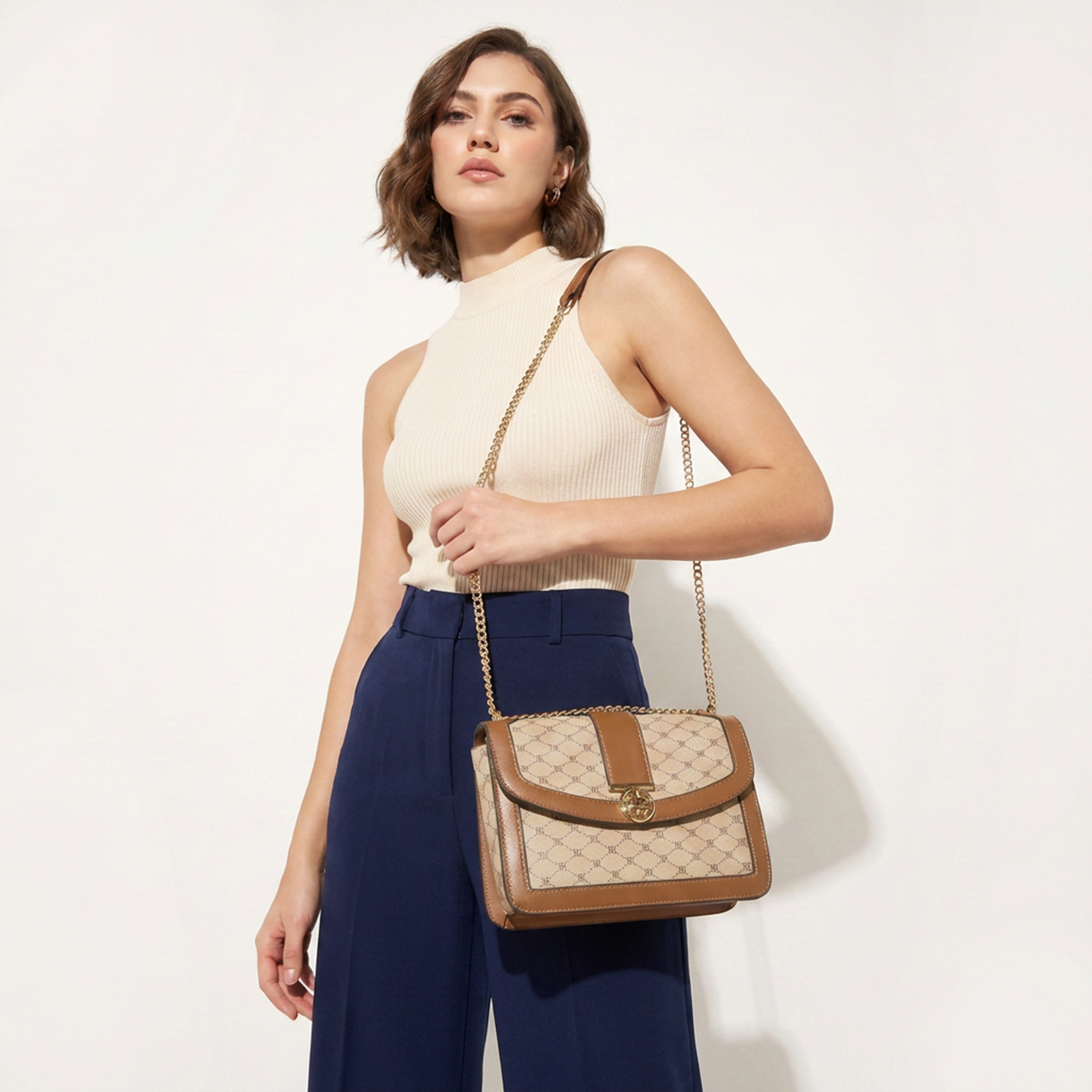 Bessie London Monogram Print Crossbody Bag with Chain Strap-women-bagsandwallets-handbags-image-2