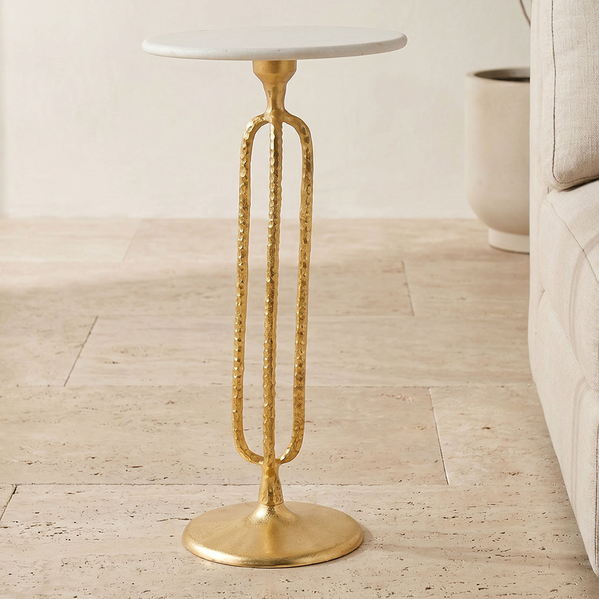 Marble Top Accent Table with Hammered Textured Base - 55x30 cm-furniture-livingroom-sideandendtables-image-1