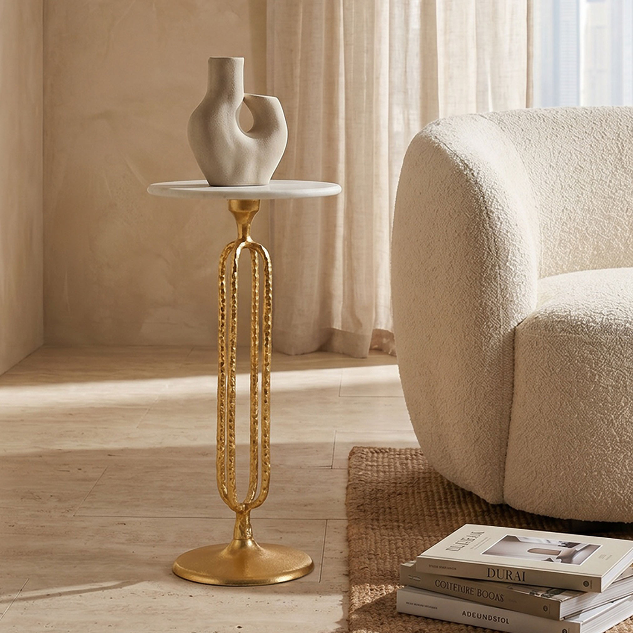 Marble Top Accent Table with Hammered Textured Base - 55x30 cm-furniture-livingroom-sideandendtables-image-4