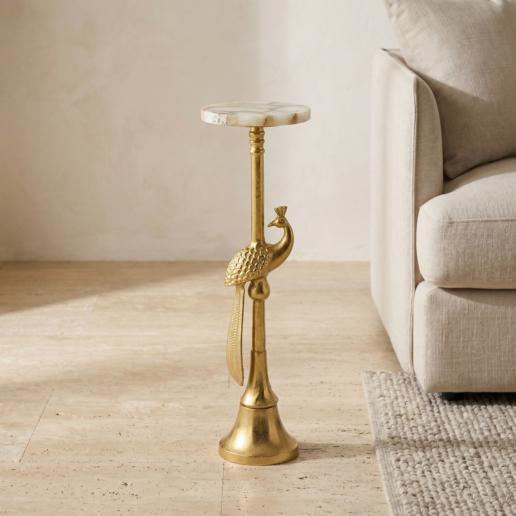 Marble Top Accent Table with Peacock Detail Base - 67x22 cm-furniture-livingroom-sideandendtables-image-1