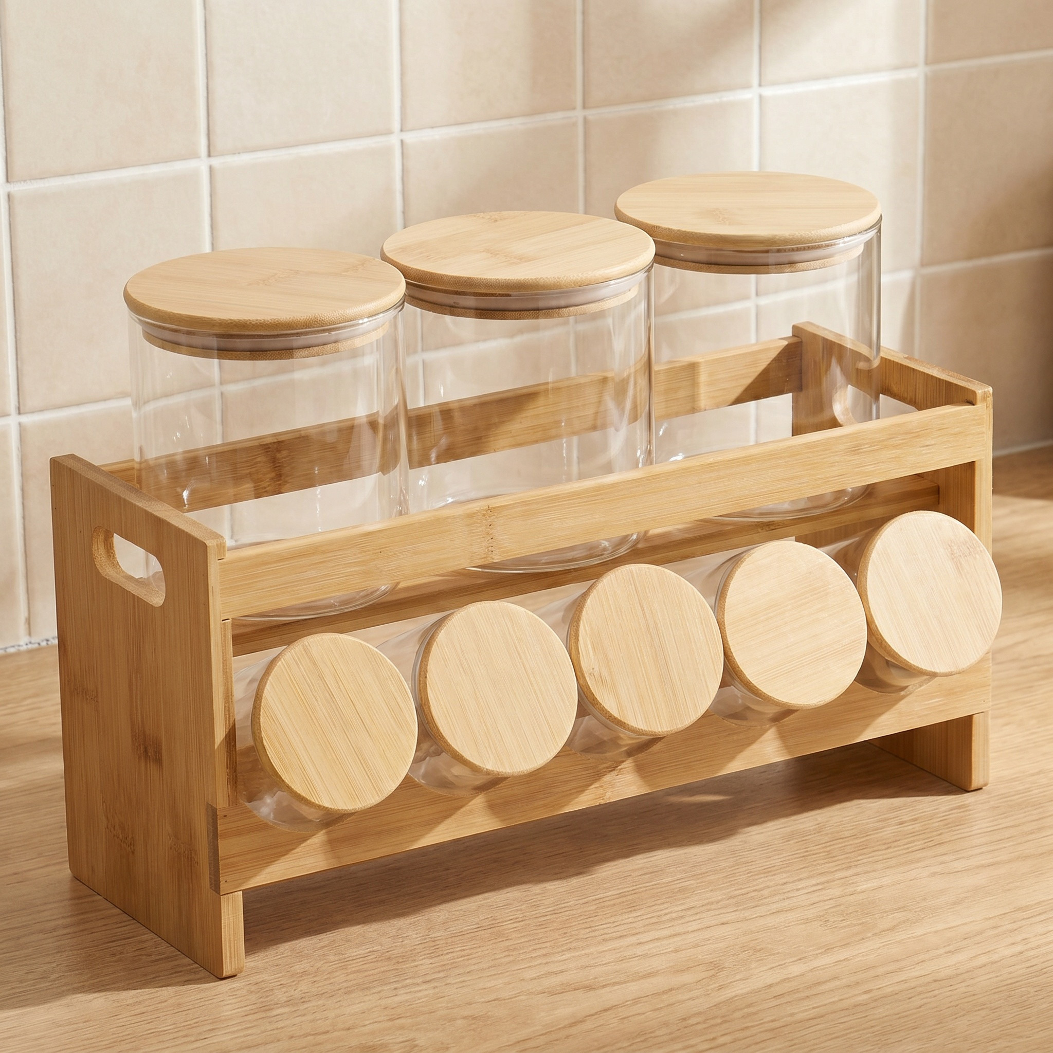 Zaya 8-Piece Borosilicate Glass Jar Set with Bamboo Stand-household-kitchen-foodstorage-containers-image-1