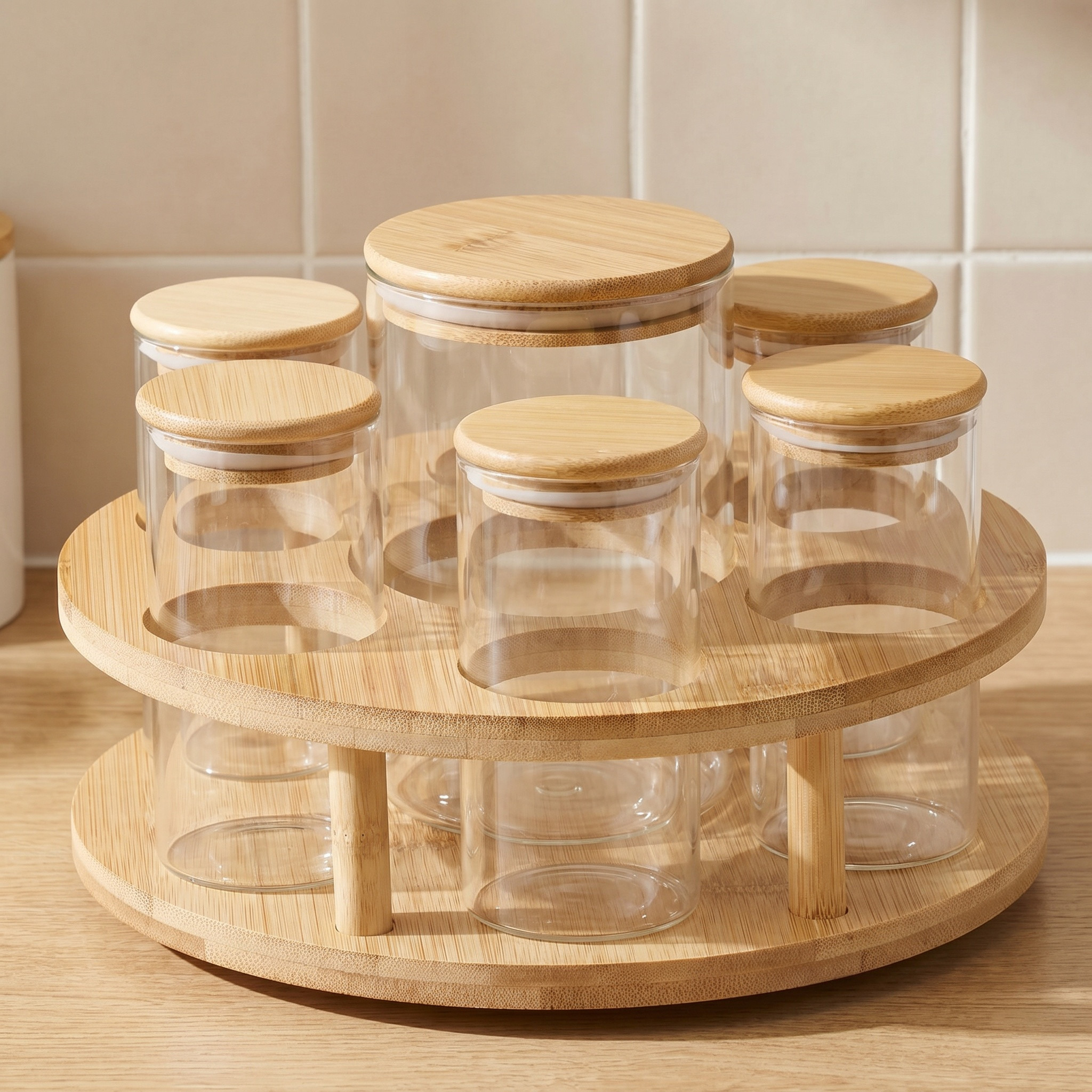 Zaya 7-Piece Borosilicate Glass Jar Set with Bamboo Rotating Stand-household-kitchen-foodstorage-containers-image-1