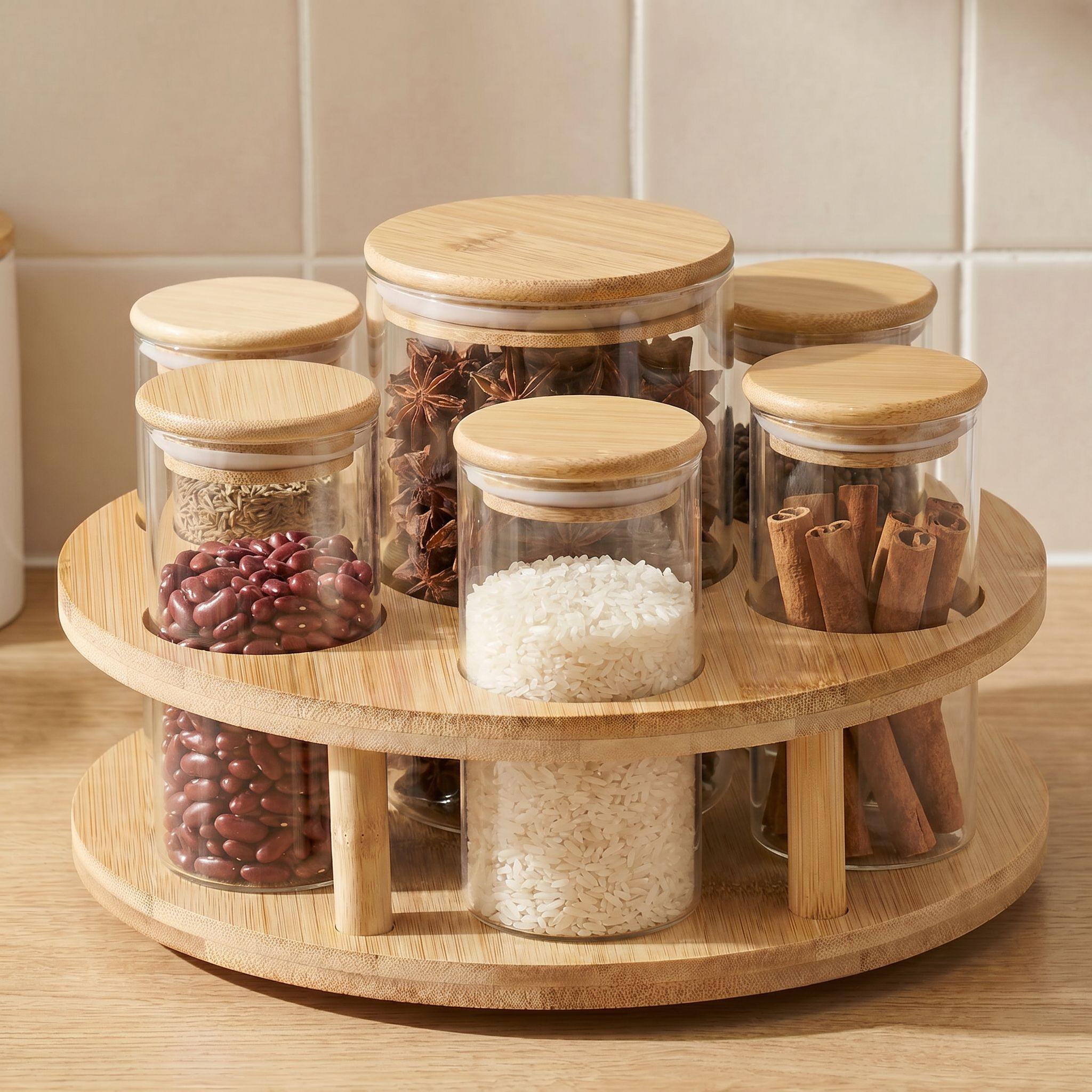 Zaya 7-Piece Borosilicate Glass Jar Set with Bamboo Rotating Stand-household-kitchen-foodstorage-containers-image-2