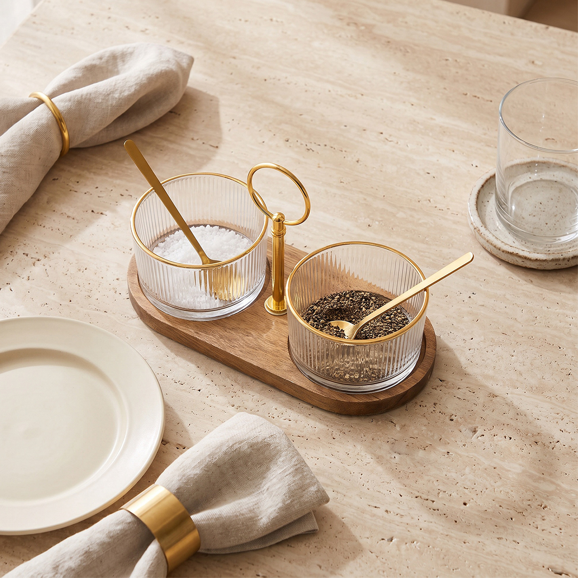 طقم أوعية زجاجية مخططة مع ملعقة وصينية من خشب الأكاسيا من رُوى - قطعتين-household-dining-serveware-servingtrays-image-1