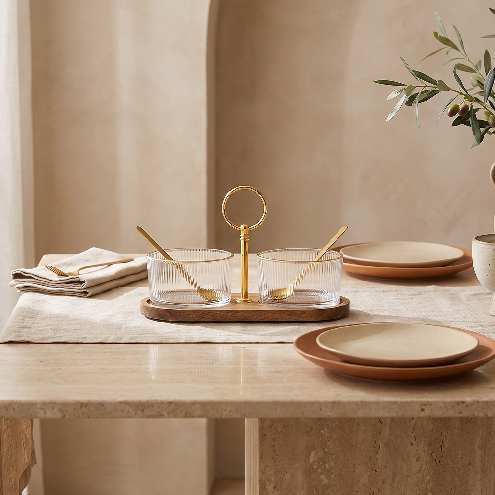 طقم أوعية زجاجية مخططة مع ملعقة وصينية من خشب الأكاسيا من رُوى - قطعتين-household-dining-serveware-servingtrays-image-2