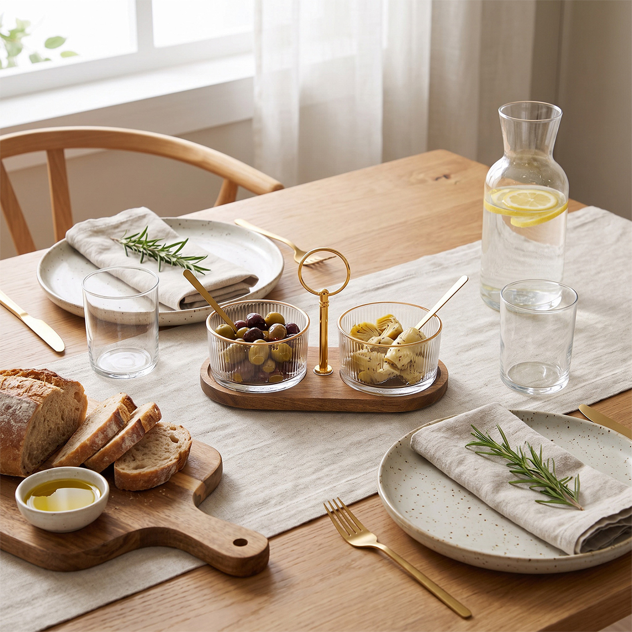 طقم أوعية زجاجية مخططة مع ملعقة وصينية من خشب الأكاسيا من رُوى - قطعتين-household-dining-serveware-servingtrays-image-4