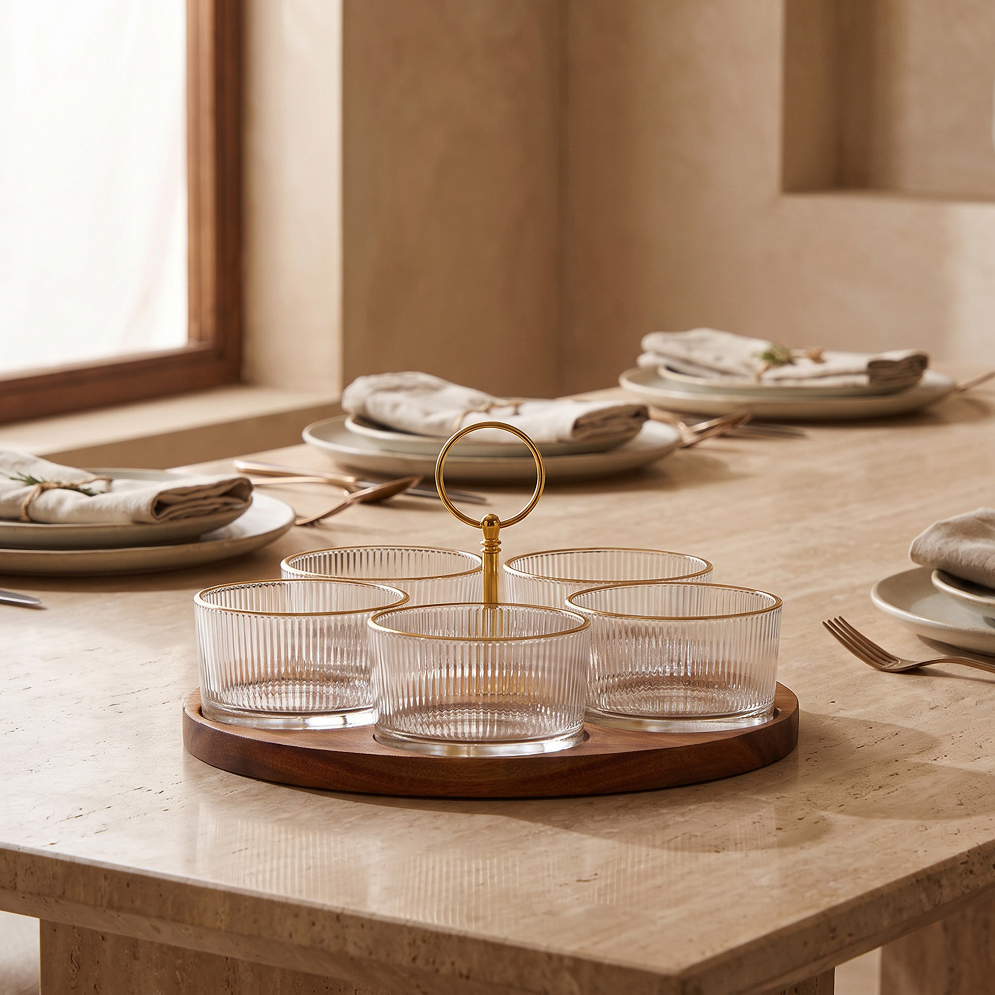 Ruwa 5-Piece Striped Glass Bowl Set with Acacia Wooden Tray-household-dining-serveware-servingtrays-image-1