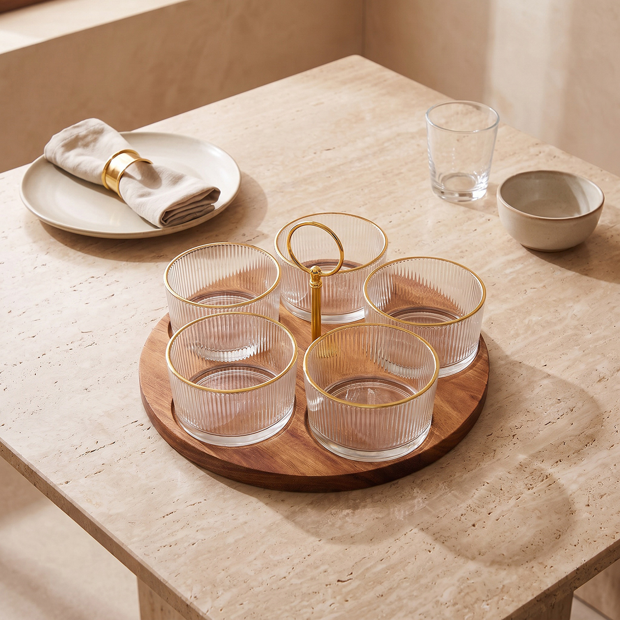 Ruwa 5-Piece Striped Glass Bowl Set with Acacia Wooden Tray-household-dining-serveware-servingtrays-image-2
