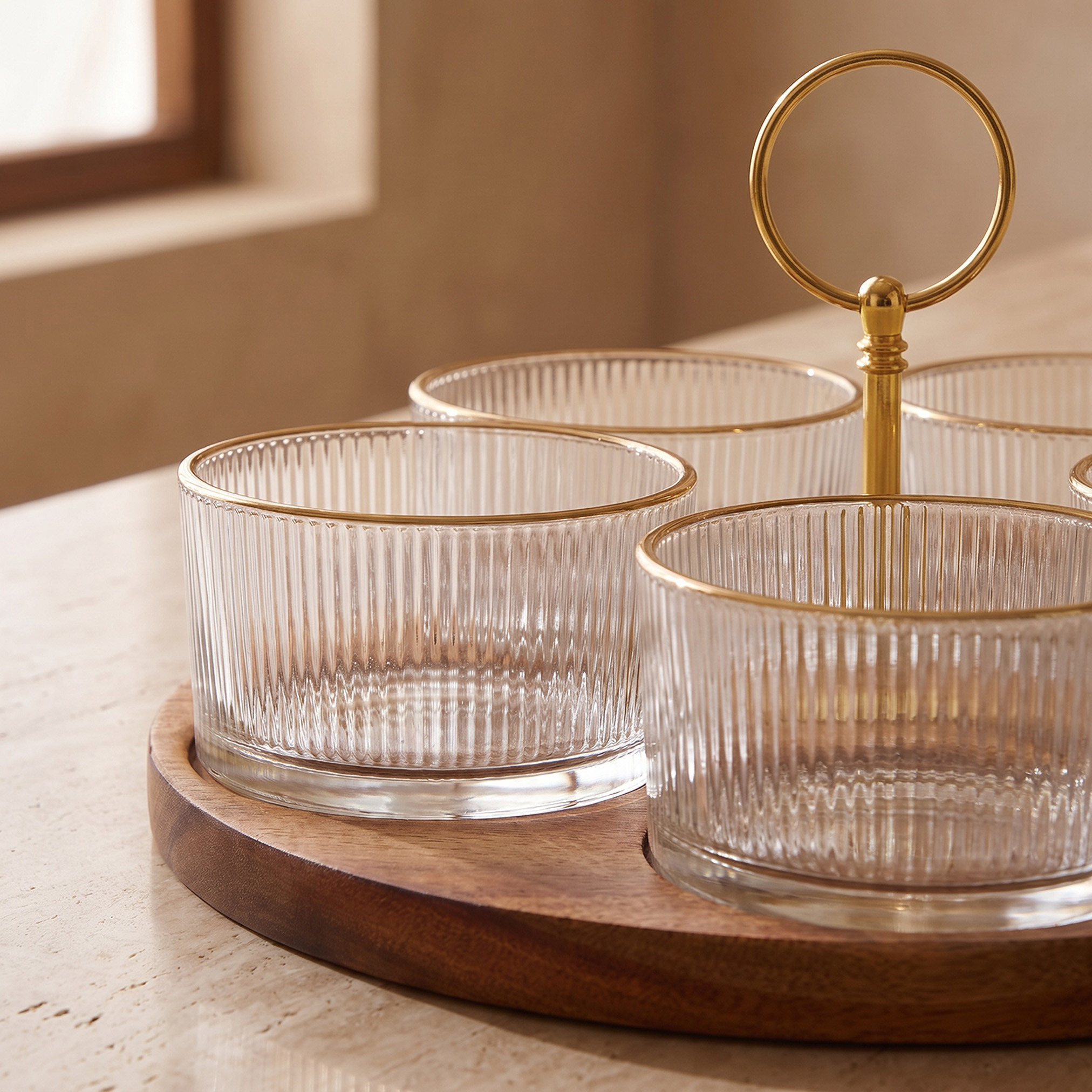 Ruwa 5-Piece Striped Glass Bowl Set with Acacia Wooden Tray-household-dining-serveware-servingtrays-image-3