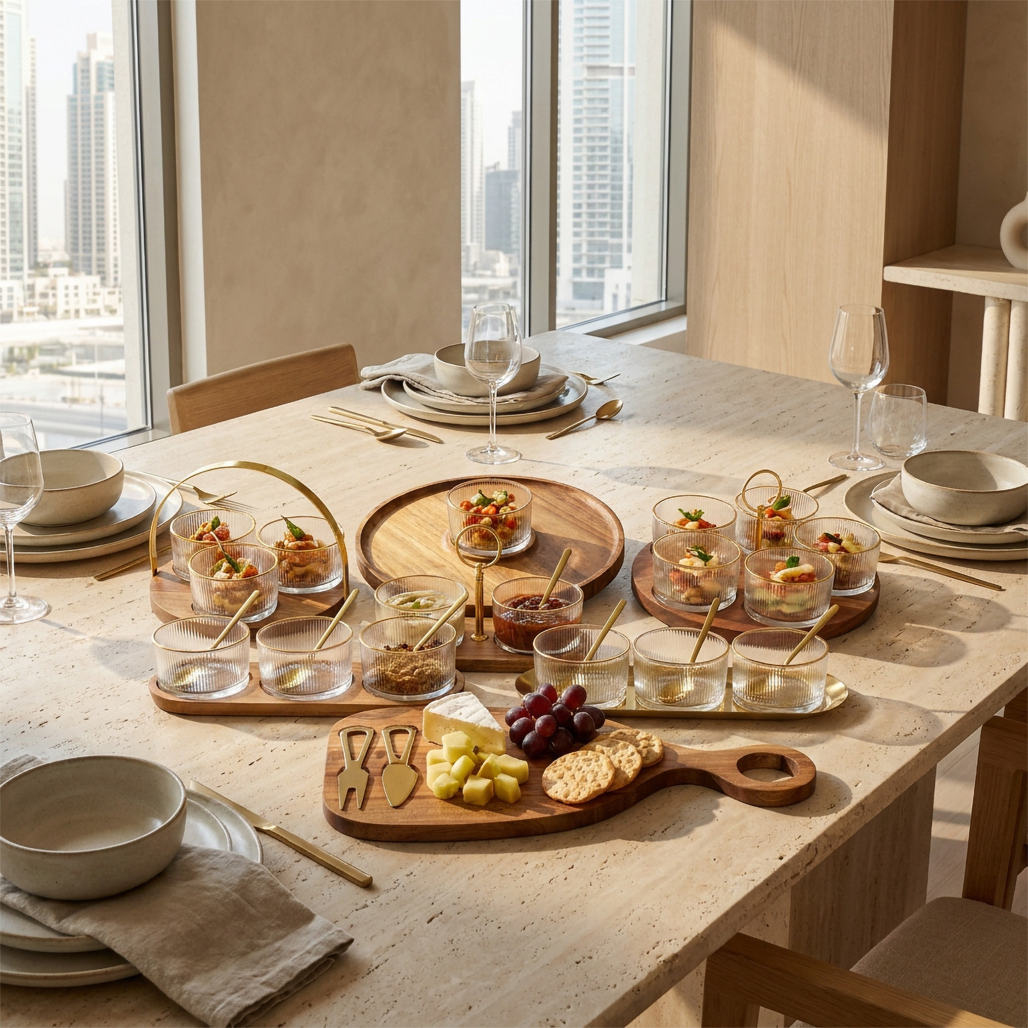 Ruwa 5-Piece Striped Glass Bowl Set with Acacia Wooden Tray-household-dining-serveware-servingtrays-image-5