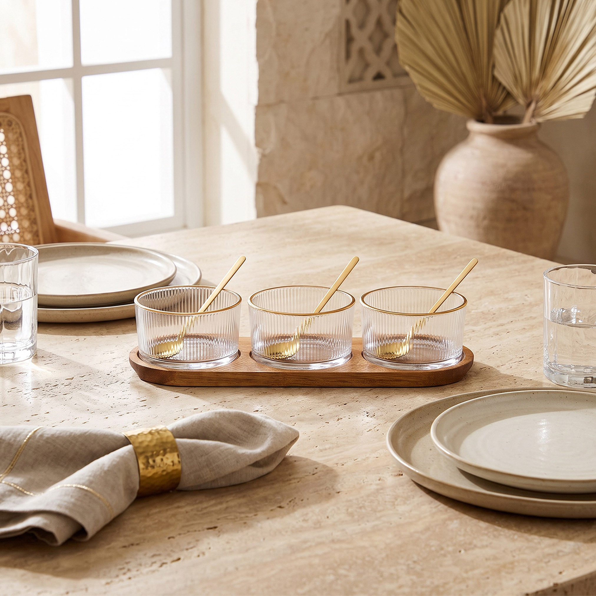 Ruwa 6-Piece Striped Glass Bowl with Spoon Set and Acacia Wooden Tray-household-dining-serveware-servingtrays-image-1