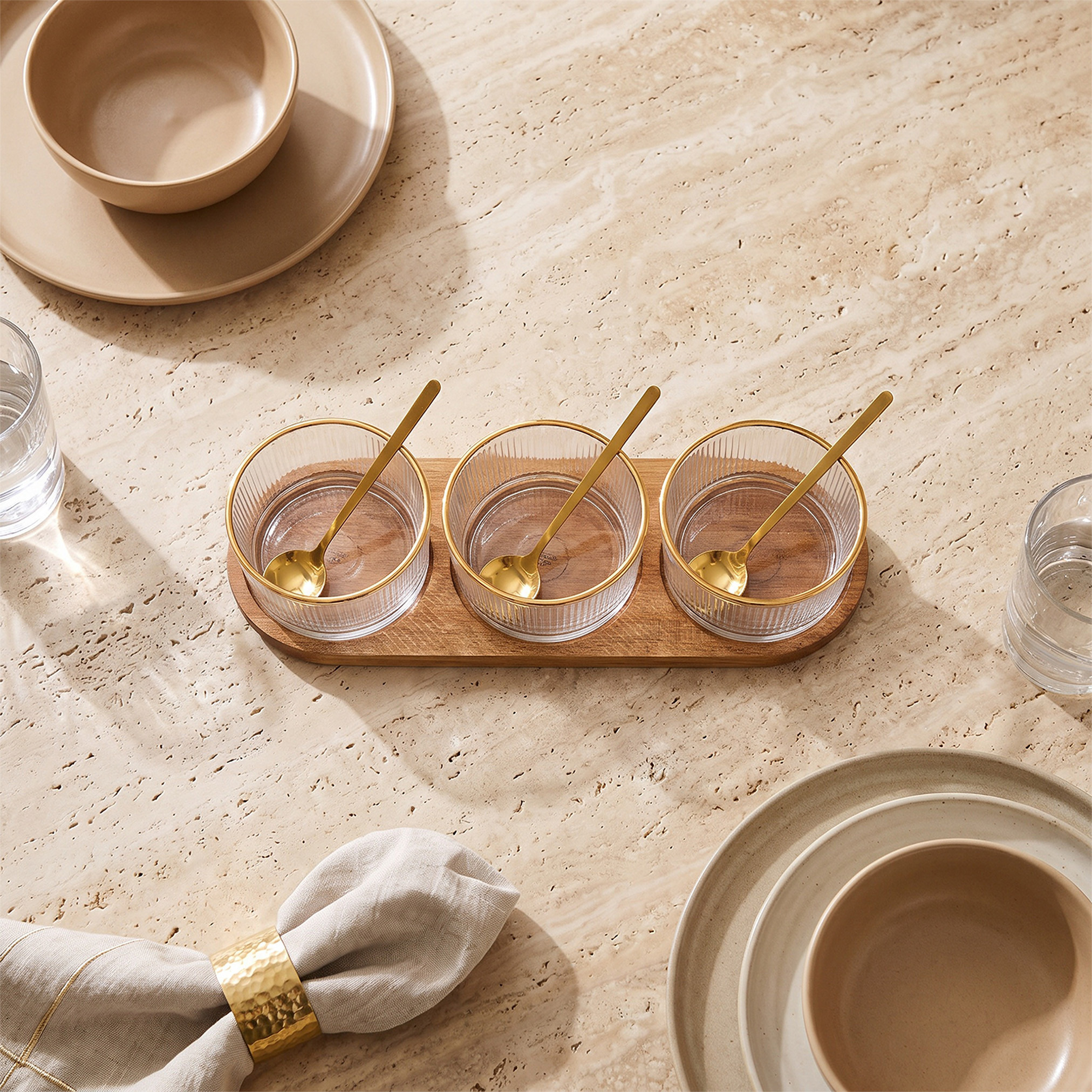 Ruwa 6-Piece Striped Glass Bowl with Spoon Set and Acacia Wooden Tray-household-dining-serveware-servingtrays-image-2