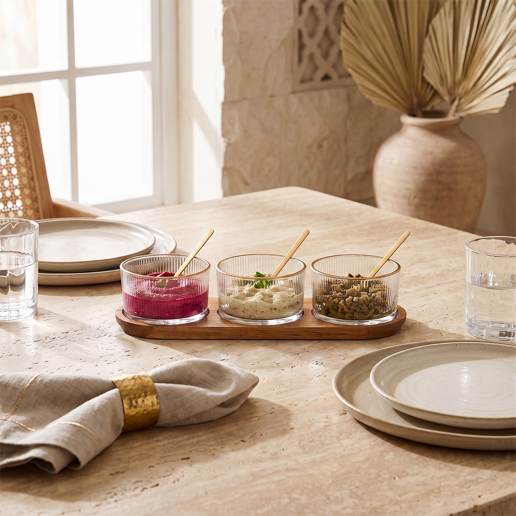 Ruwa 6-Piece Striped Glass Bowl with Spoon Set and Acacia Wooden Tray-household-dining-serveware-servingtrays-image-4