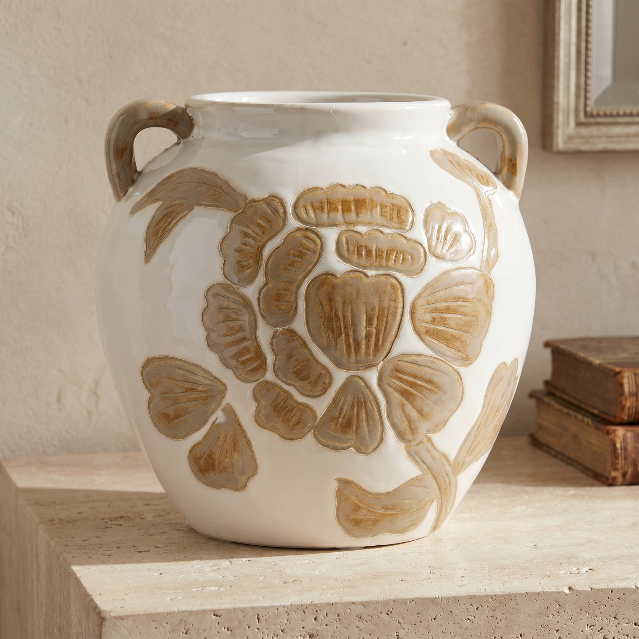 Floral Accent Ceramic Vase with Handles - 18x18 cms-household-decor-vasesandbowls-image-1
