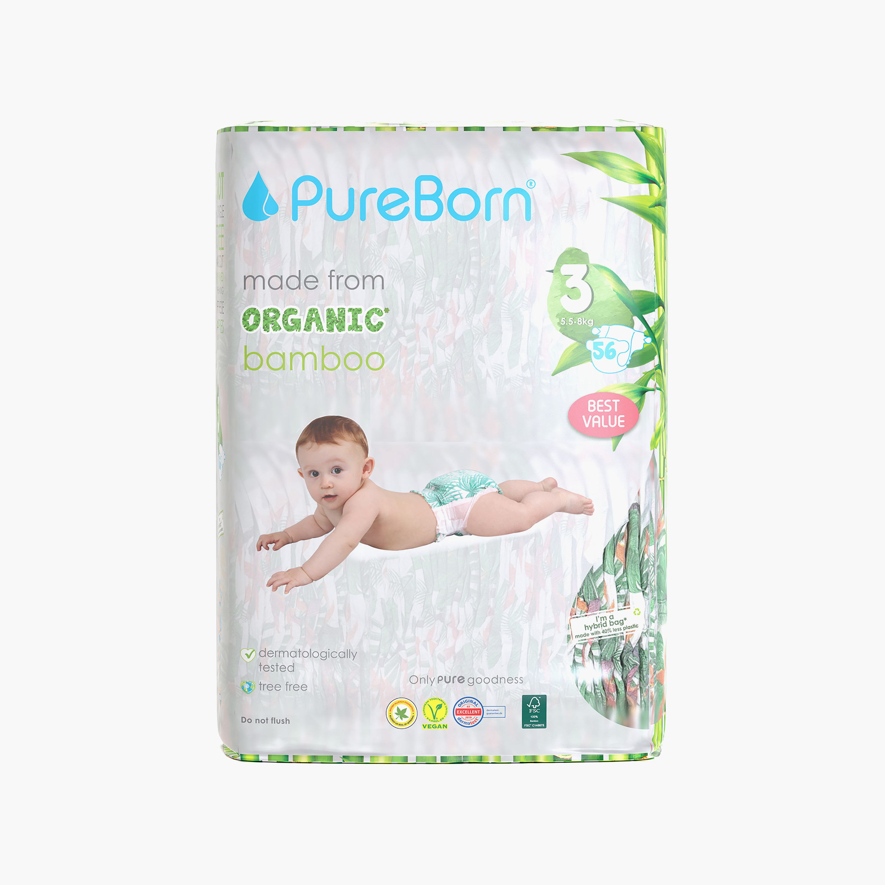 Pure Born 56-Piece Organic Bamboo Diapers Set - Size 3-baby-diapering-diapers-image-1