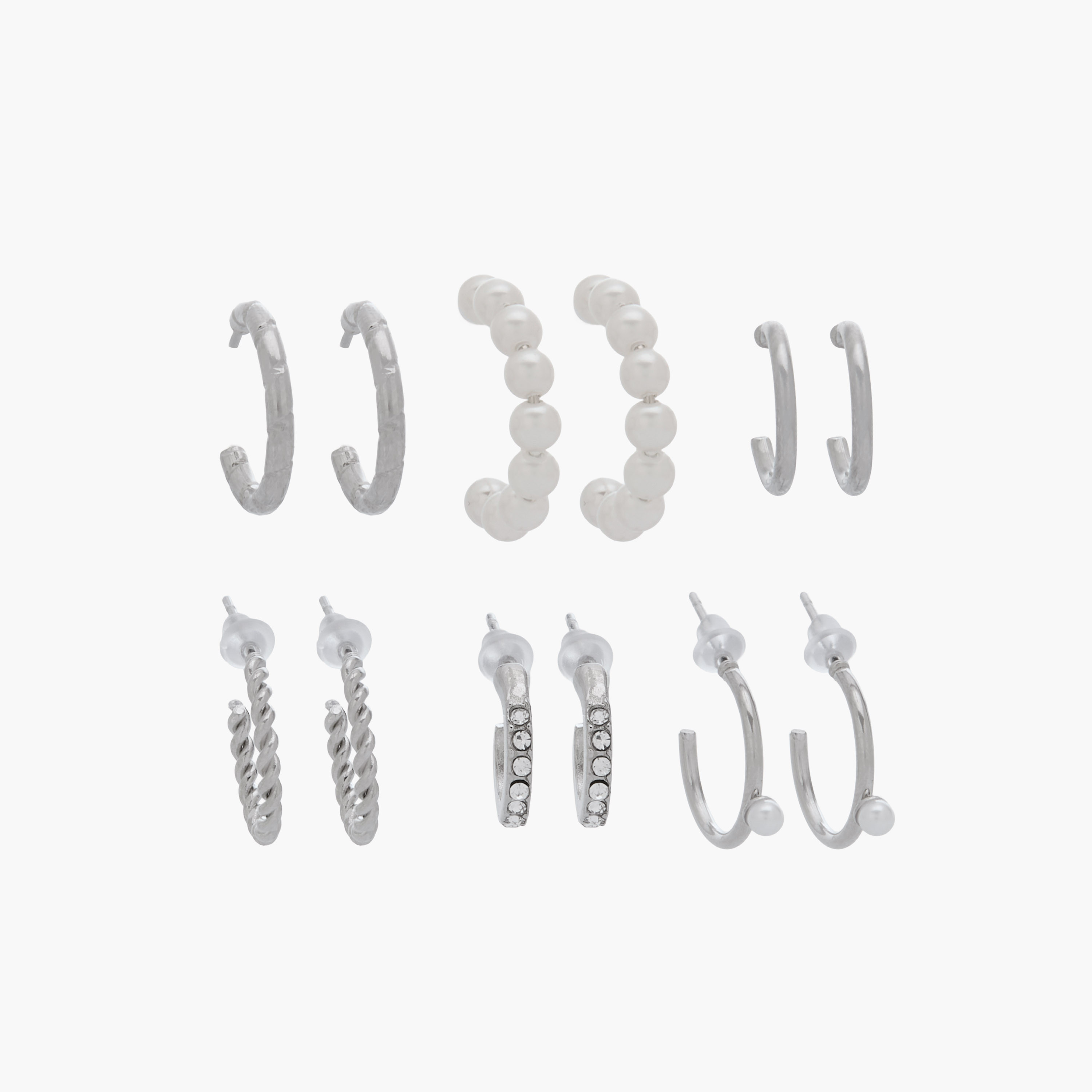 Pack of 6 Silver Tone Hoop Earrings with Pushback Closure-women-watchesandjewellery-jewellery-earrings-image-1