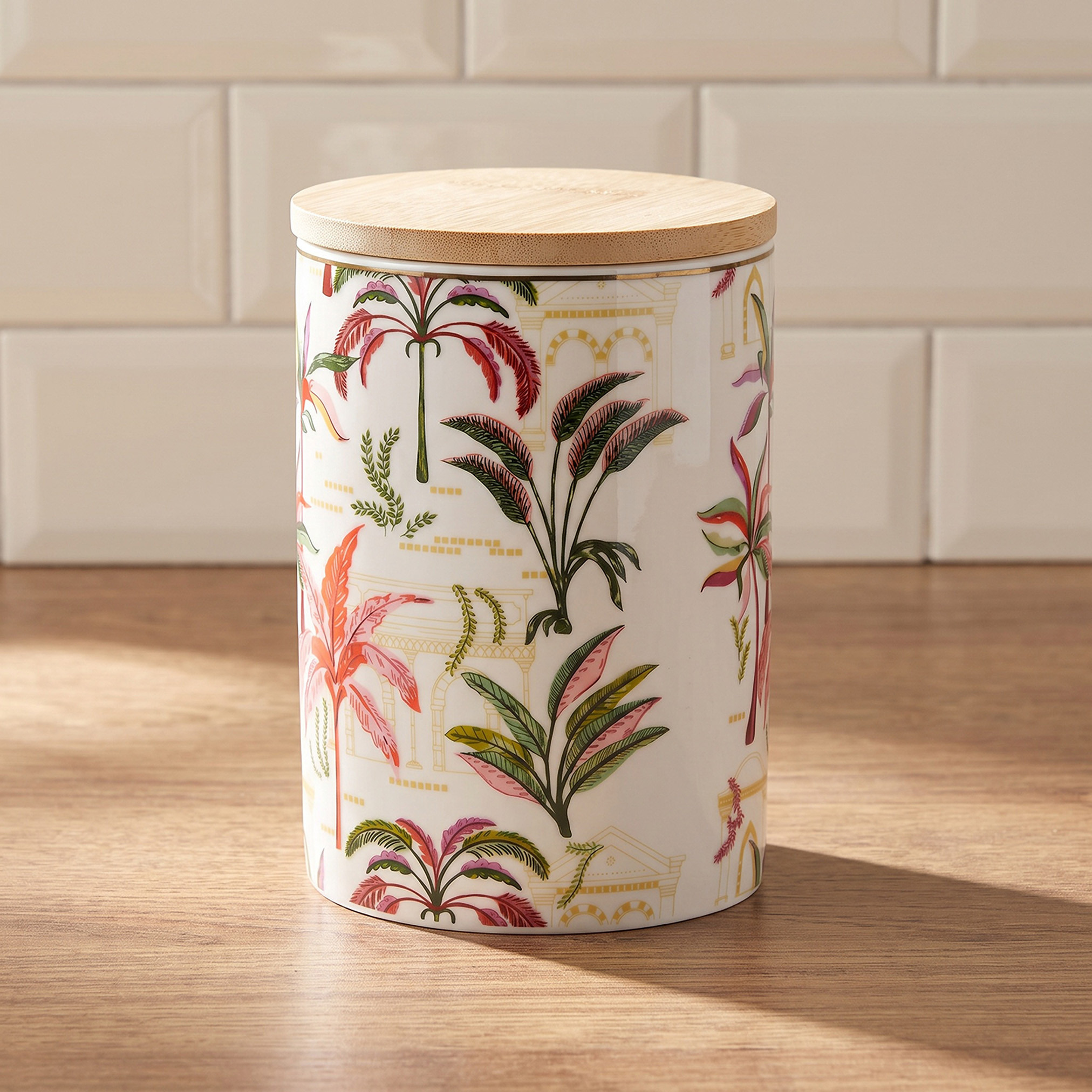 Tropical Print New Bone China Jar with Bamboo Lid - 600 ml-household-kitchen-foodstorage-containers-image-1