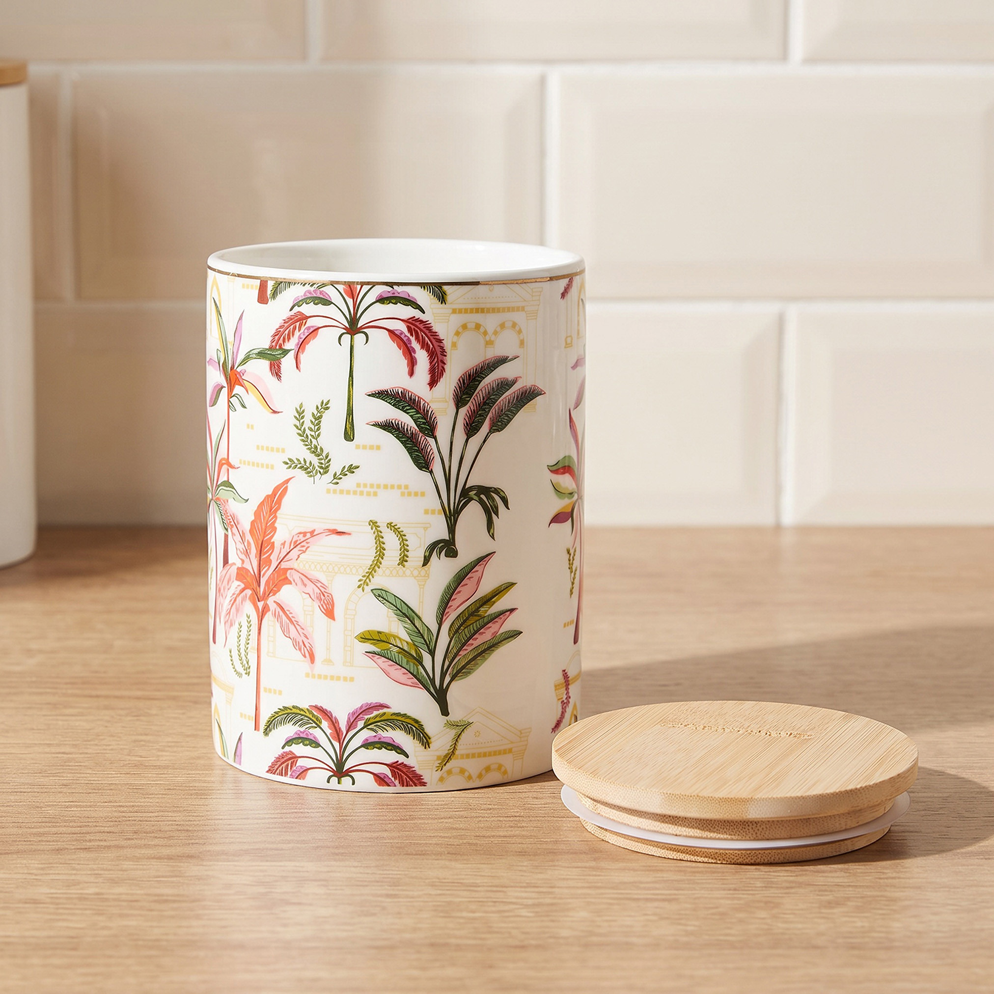 Tropical Print New Bone China Jar with Bamboo Lid - 600 ml-household-kitchen-foodstorage-containers-image-2