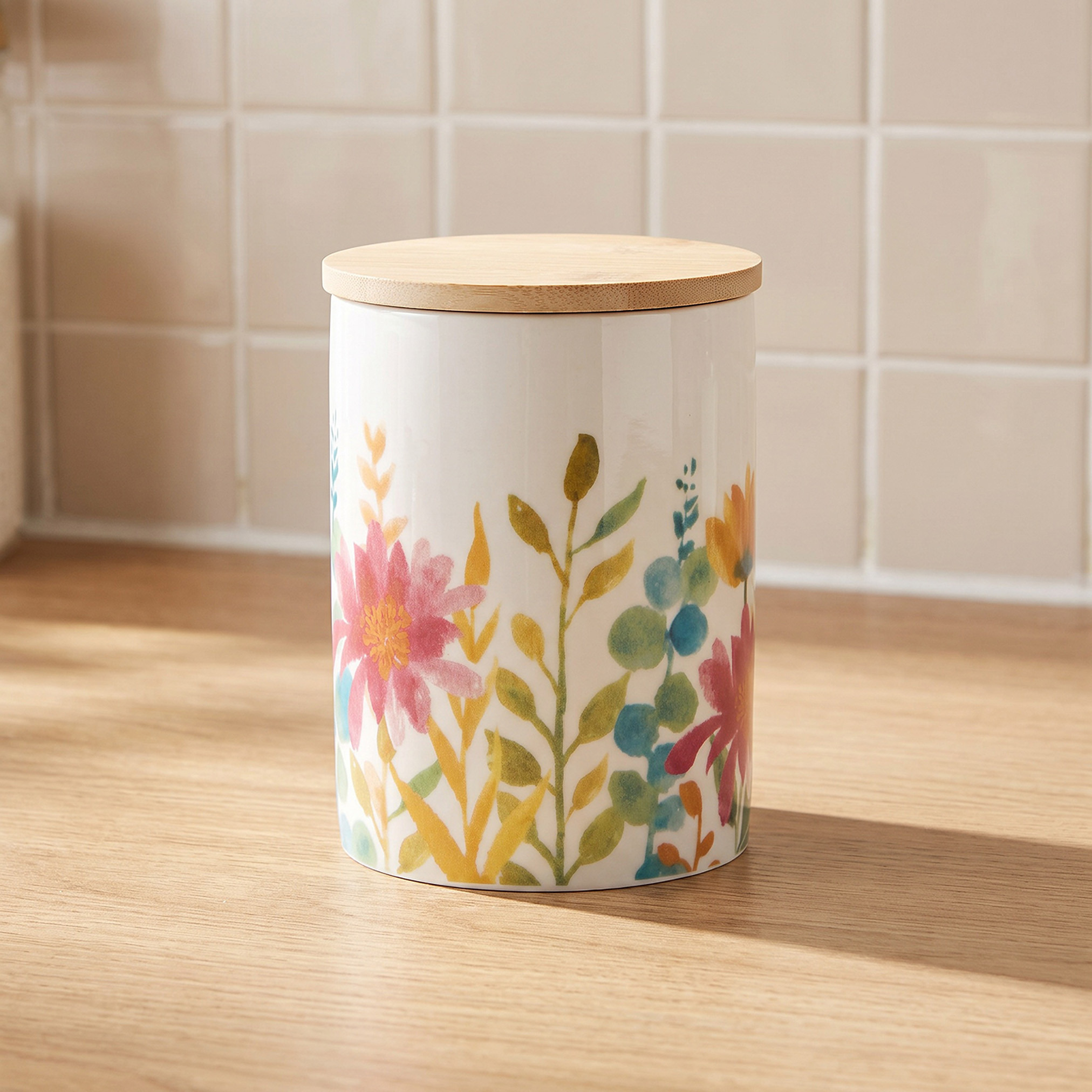 Floral Print New Bone China Jar with Bamboo Lid - 600 ml-household-kitchen-foodstorage-containers-image-1