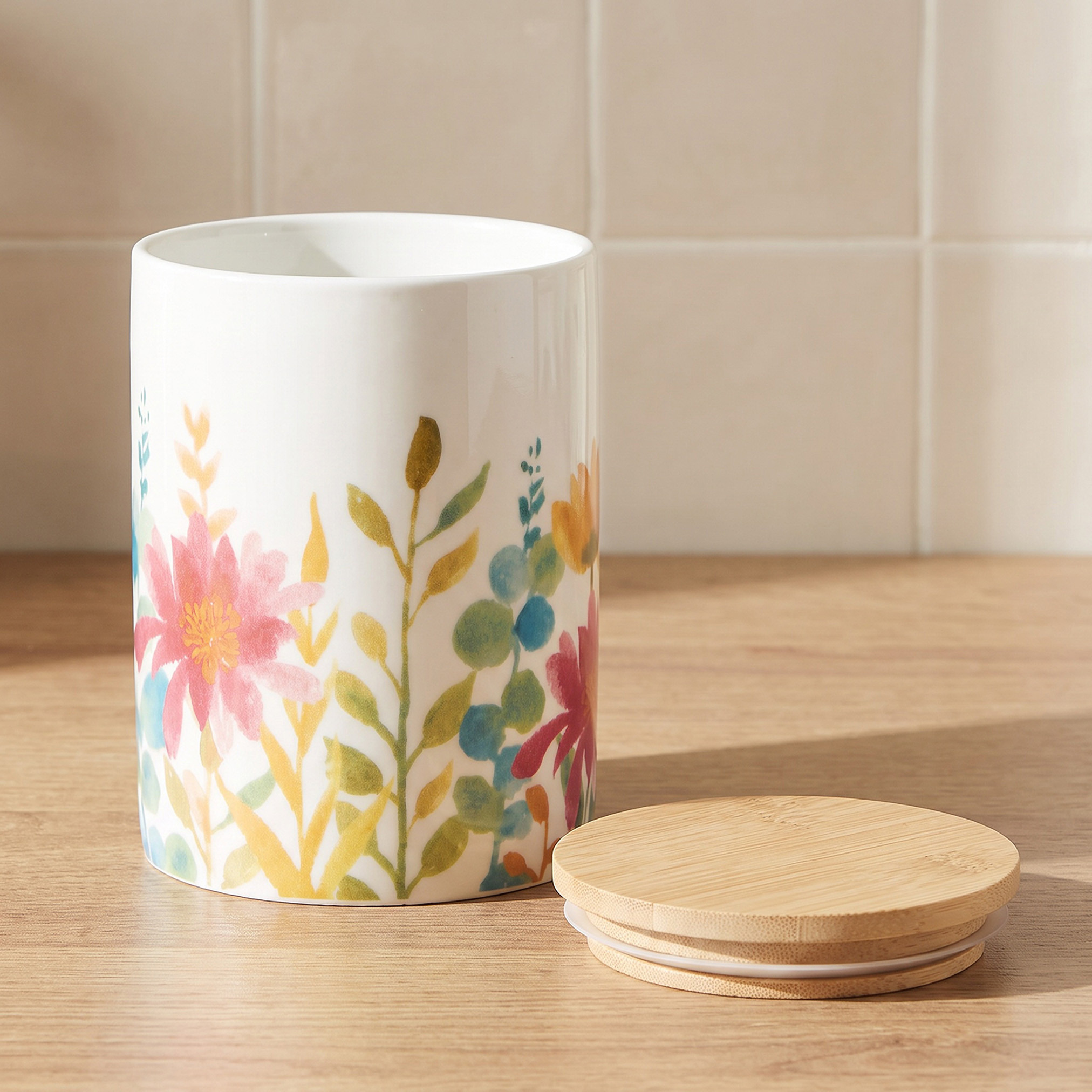Floral Print New Bone China Jar with Bamboo Lid - 600 ml-household-kitchen-foodstorage-containers-image-2