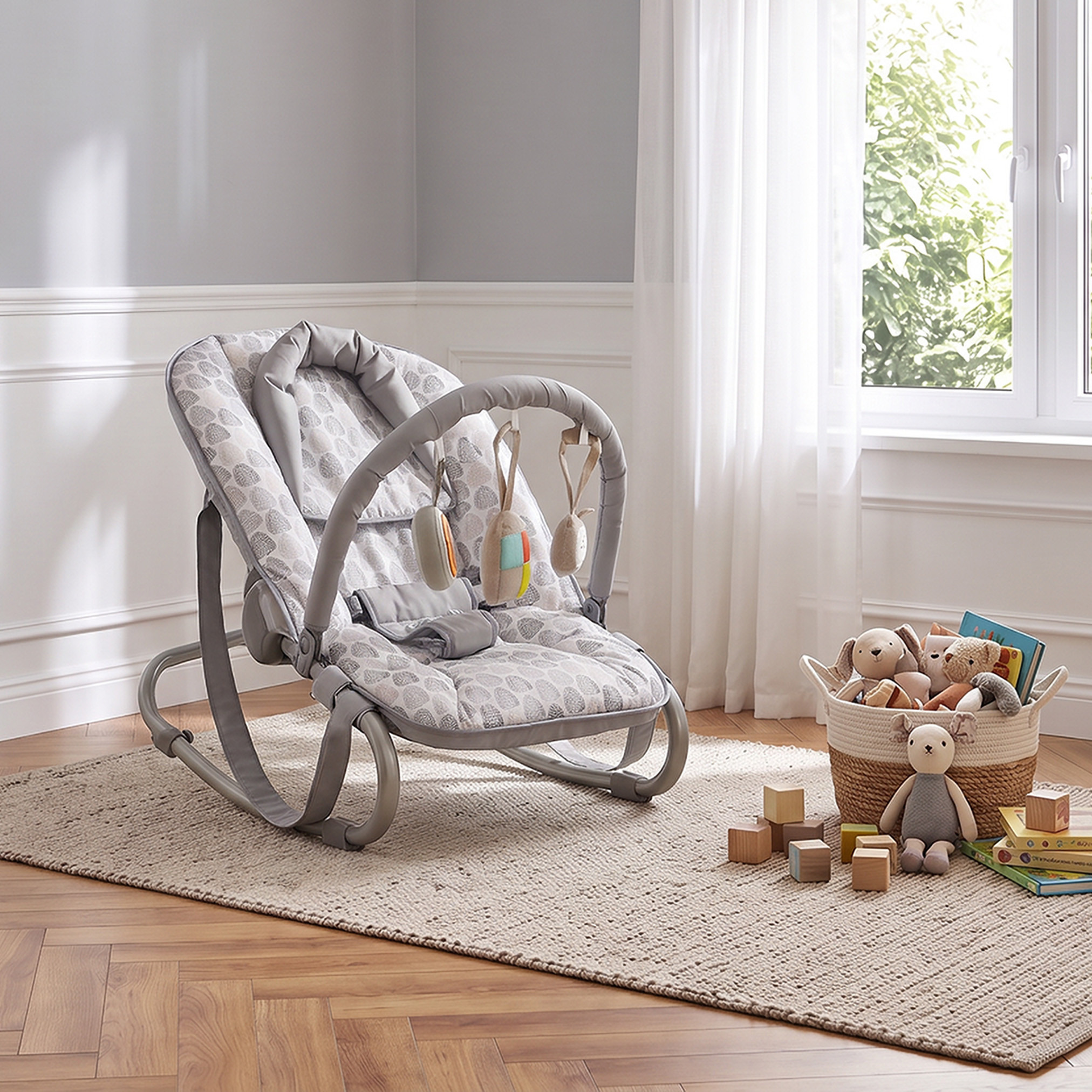 Juniors Leaf Print Baby Rocker with Toy Bar-baby-infantactivity-rockers-image-1