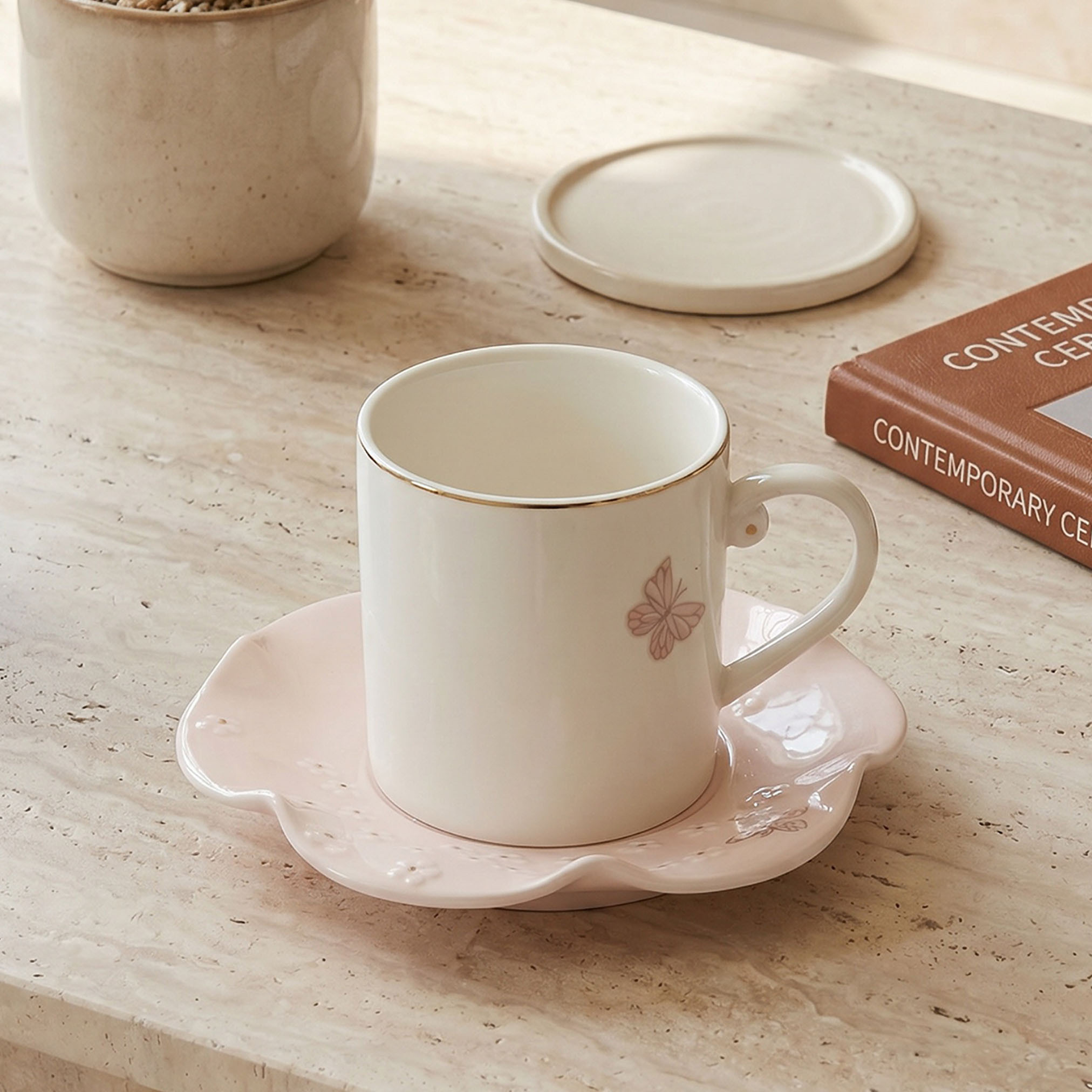 Butterfly Embossed Porcelain Cup and Saucer Set - 220 ml-household-dining-teaandcoffee-teaandcoffeesets-image-1