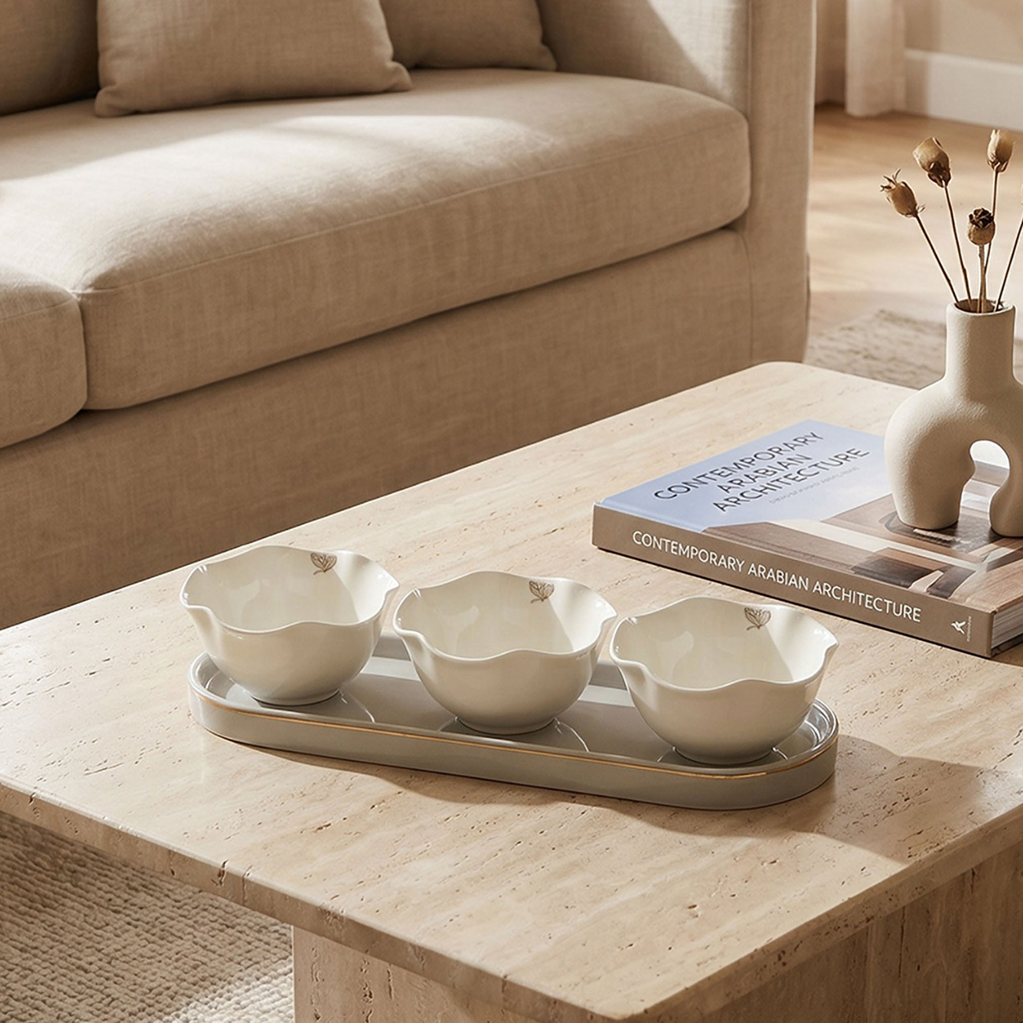 طقم أوعية بورسلين مزخرفة بفيونكة مع صينية - 3 قطع-household-dining-serveware-servingtrays-image-2