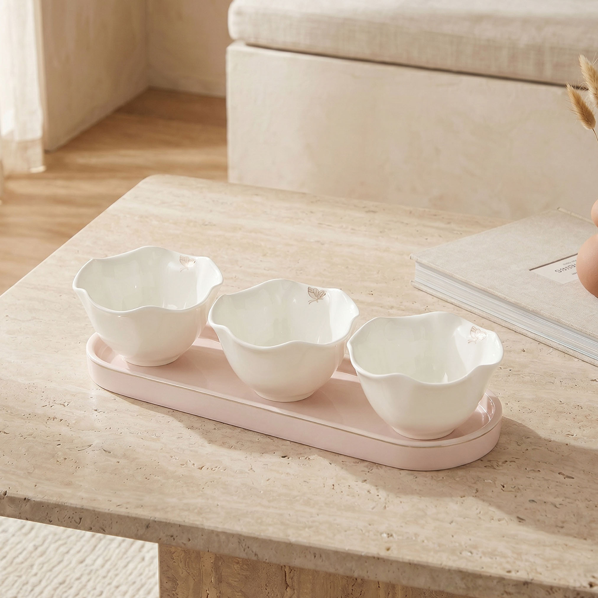 طقم صحون تقديم بورسلان من 3 قطع بنقوش فراشات مع صينية-household-dining-serveware-chipsanddip-image-2