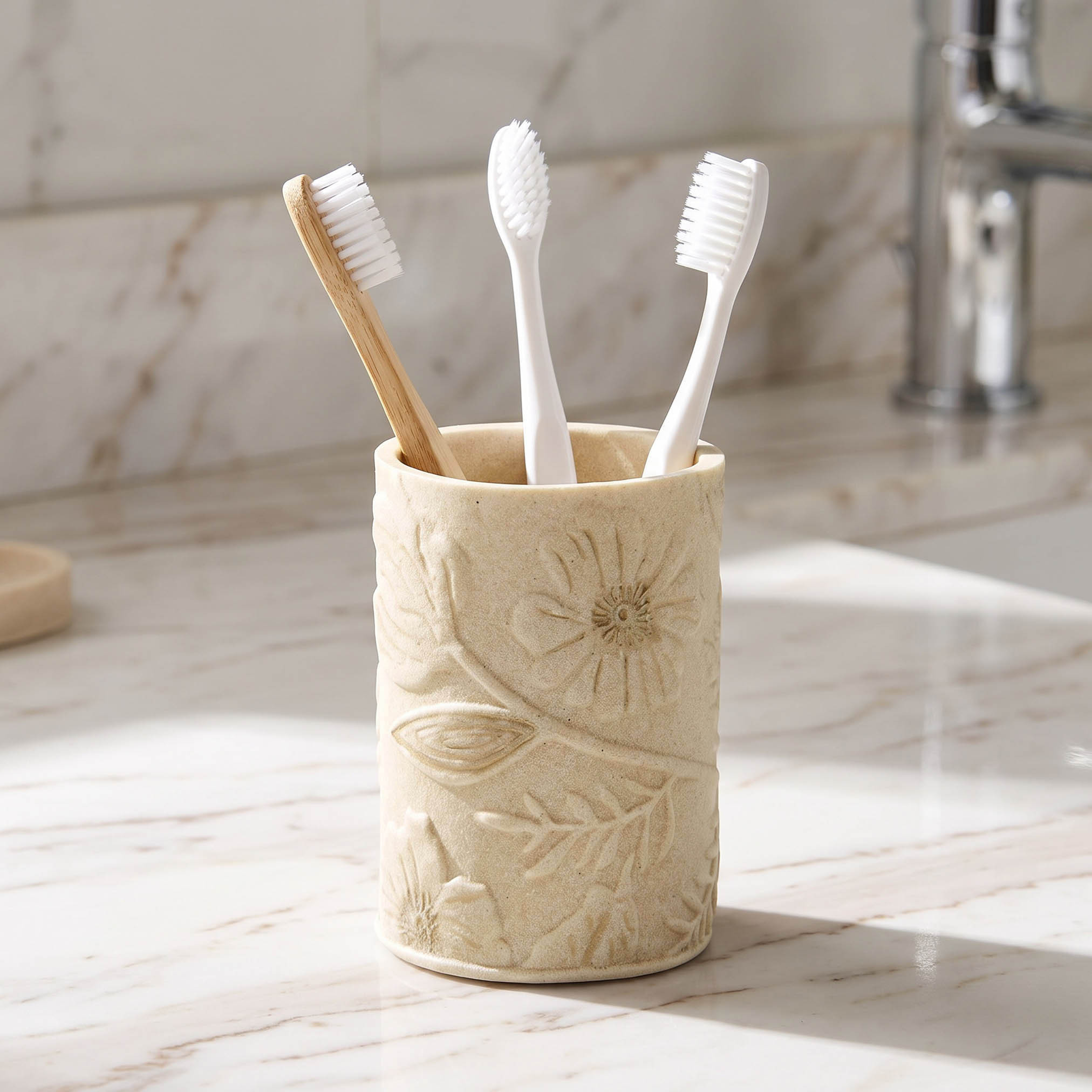 Floral Embossed Polyresin Tumbler-household-bathandlaundry-bathaccessories-toothbrushholdersandtumblers-image-1