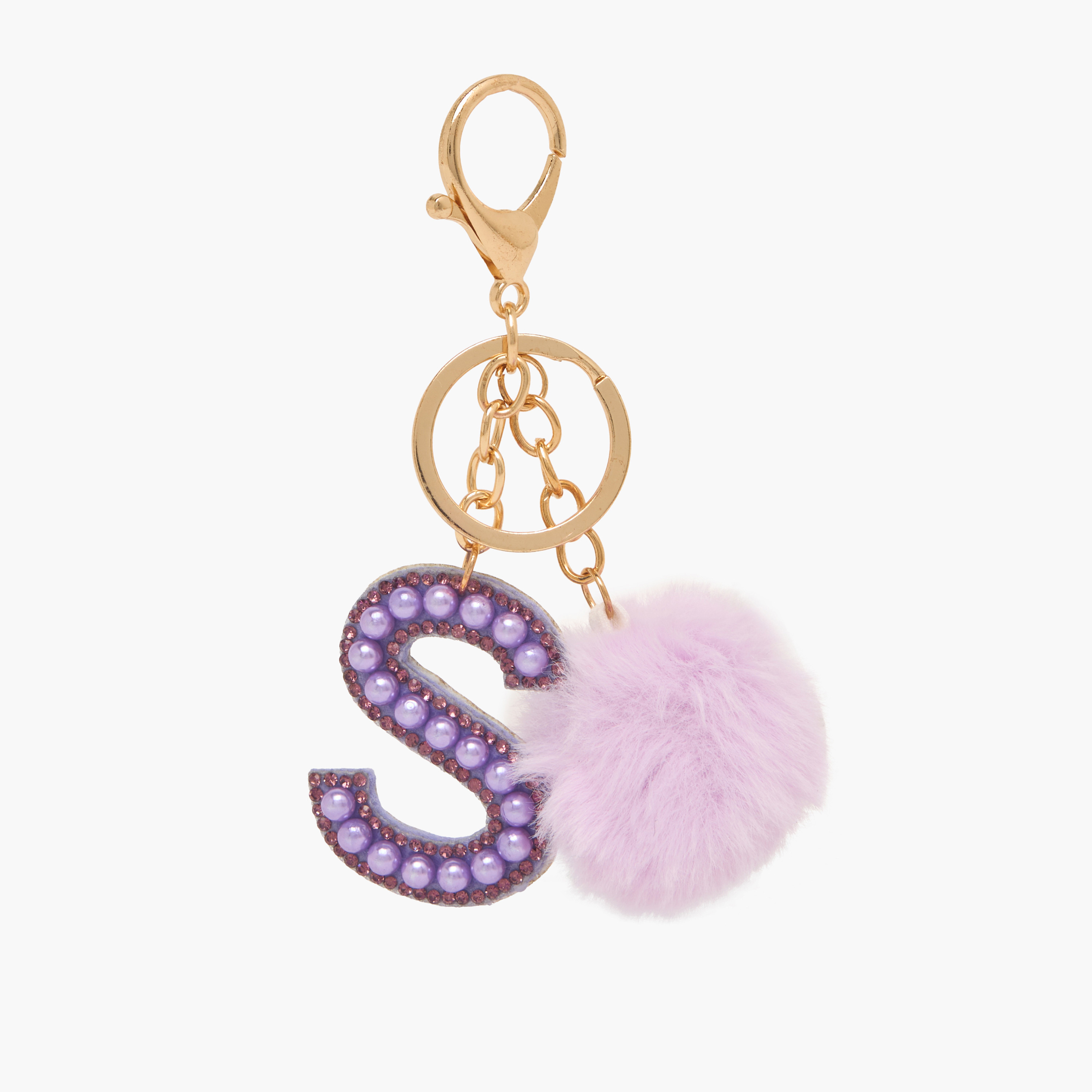 Embellished Initial Keyring with Pompom-girls-accessories-keyringsandbagcharms-image-1
